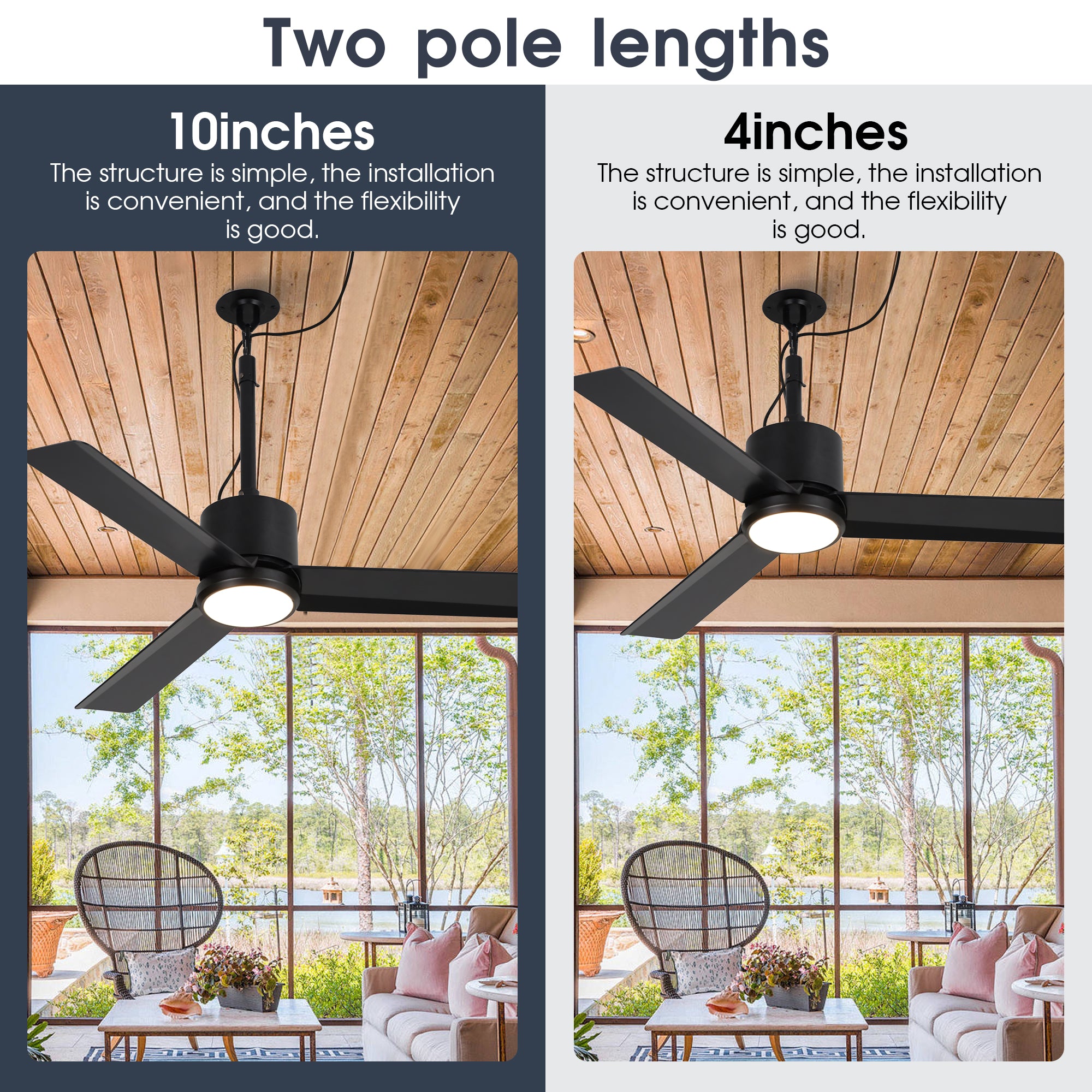 Ventilador de techo Rhine de 42 pulgadas para interiores y exteriores, resistente al agua, IP65, color negro, con luz LED y práctico gancho para colgar.