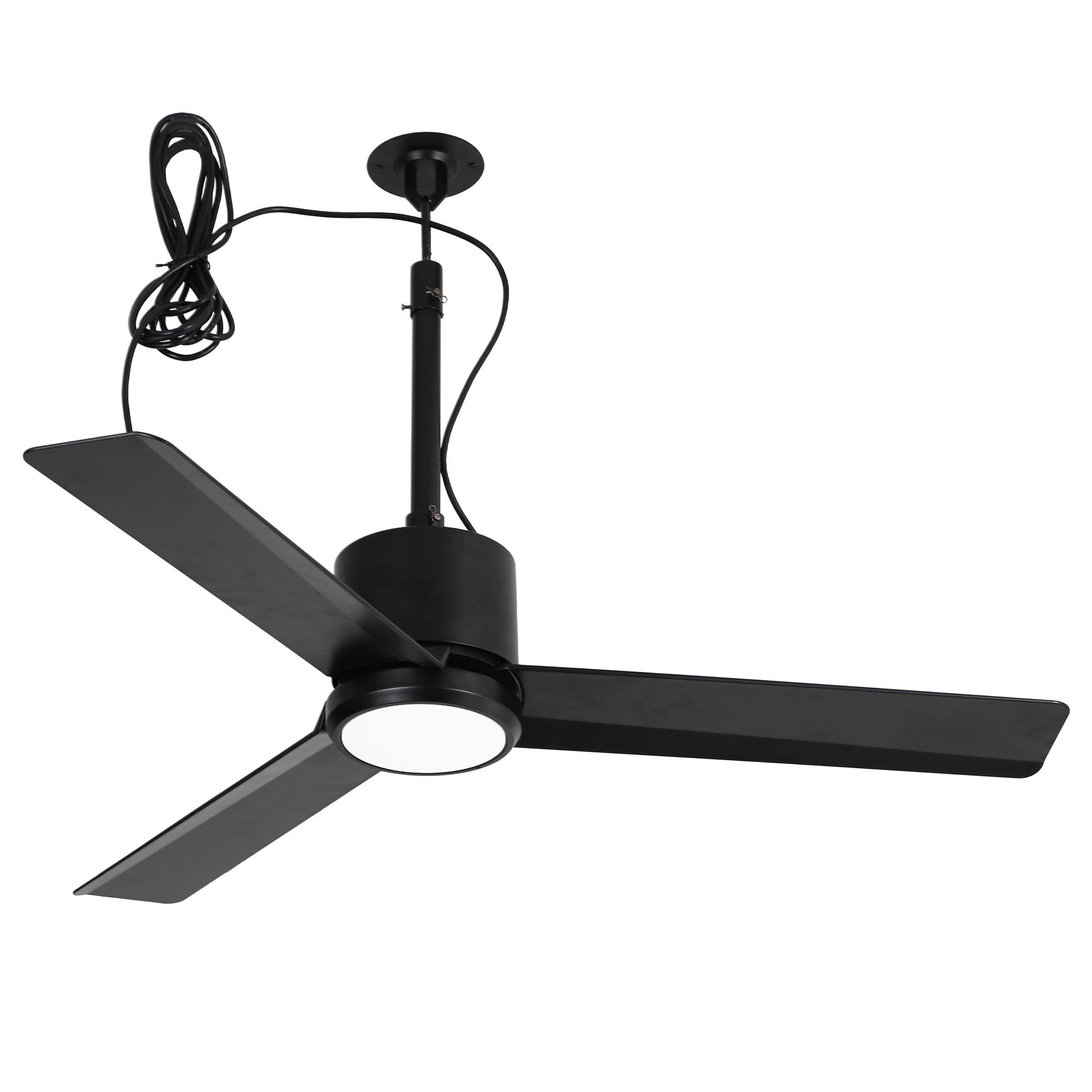 Ventilador de techo Rhine de 42 pulgadas para interiores y exteriores, resistente al agua, IP65, color negro, con luz LED y práctico gancho para colgar.