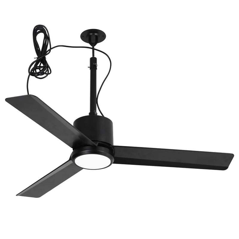 Ventilador de techo Rhine de 42 pulgadas para interiores y exteriores, resistente al agua, IP65, color negro, con luz LED y práctico gancho para colgar.