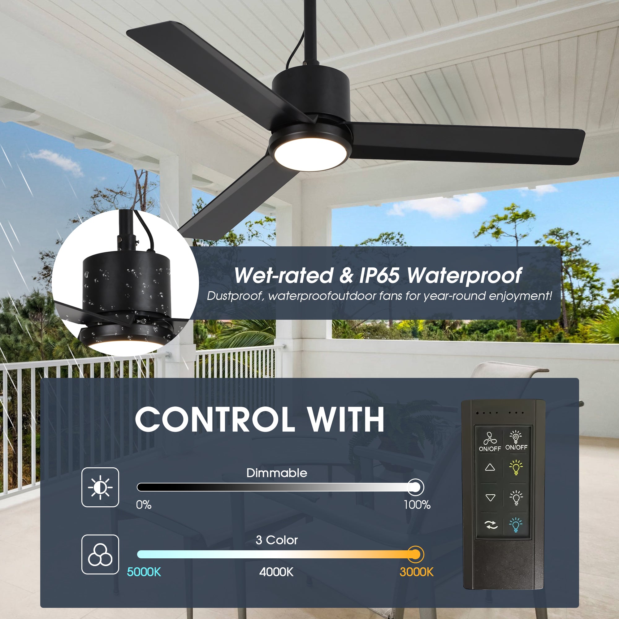 Ventilador de techo Rhine de 42 pulgadas para interiores y exteriores, resistente al agua, IP65, color negro, con luz LED y práctico gancho para colgar.