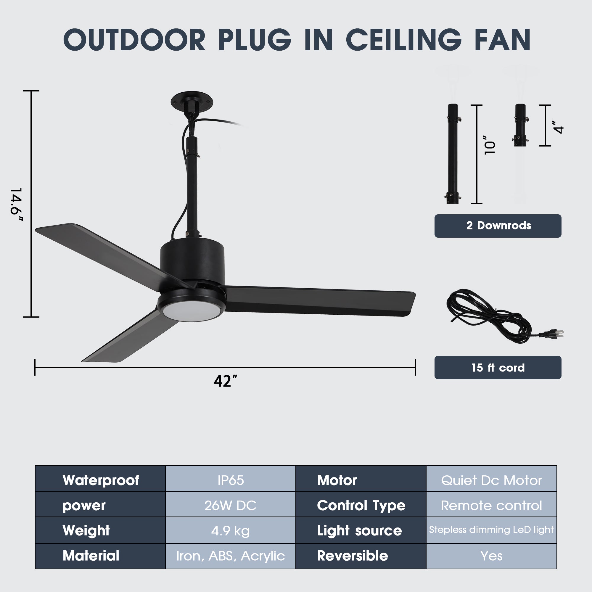 Ventilador de techo Rhine de 42 pulgadas para interiores y exteriores, resistente al agua, IP65, color negro, con luz LED y práctico gancho para colgar.