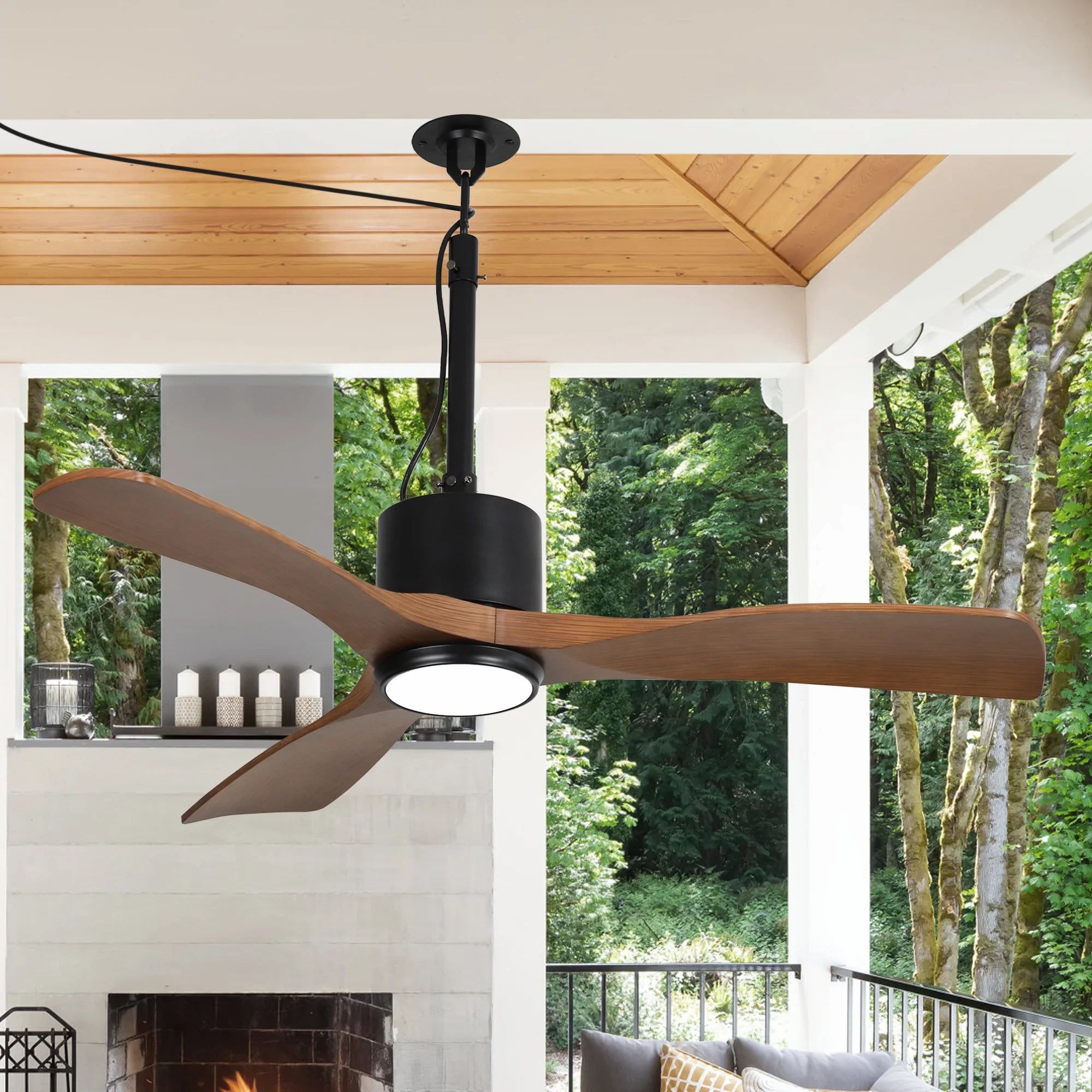 Ventilador de techo Dniester de 42 pulgadas IP65 para exteriores con motor de CC, moderno, con hebilla colgante y varilla bajante, color negro, con luz