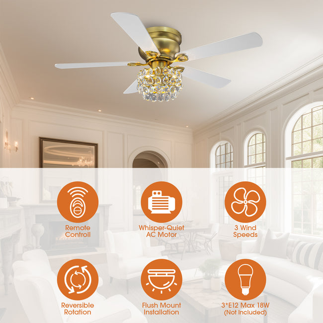 48 Inch Soft Brass Crystal Ornament Flush Mount Ceiling Fan with Light and Remote Control