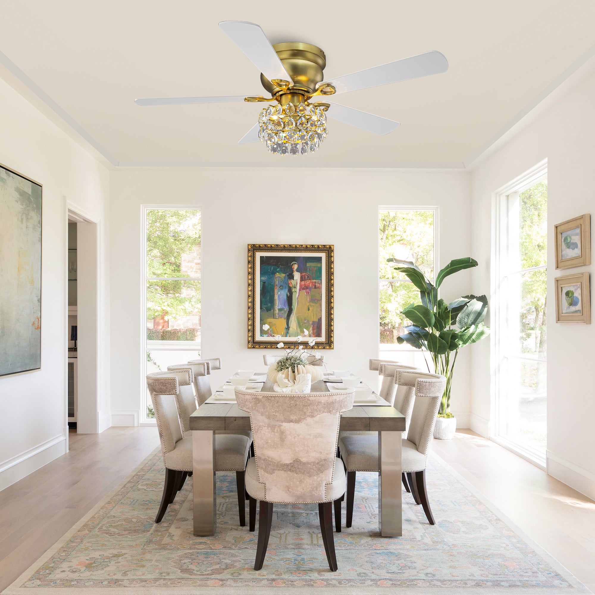 48 Inch Soft Brass Crystal Ornament Flush Mount Ceiling Fan with Light and Remote Control