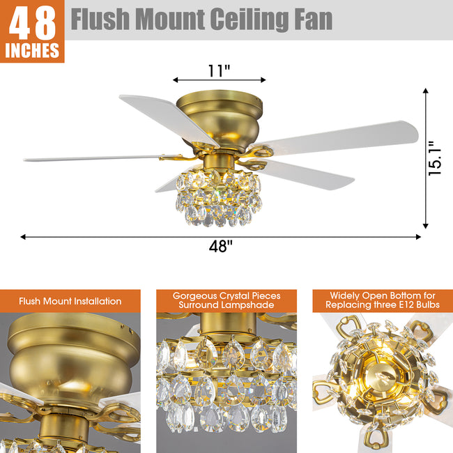 48 Inch Soft Brass Crystal Ornament Flush Mount Ceiling Fan with Light and Remote Control
