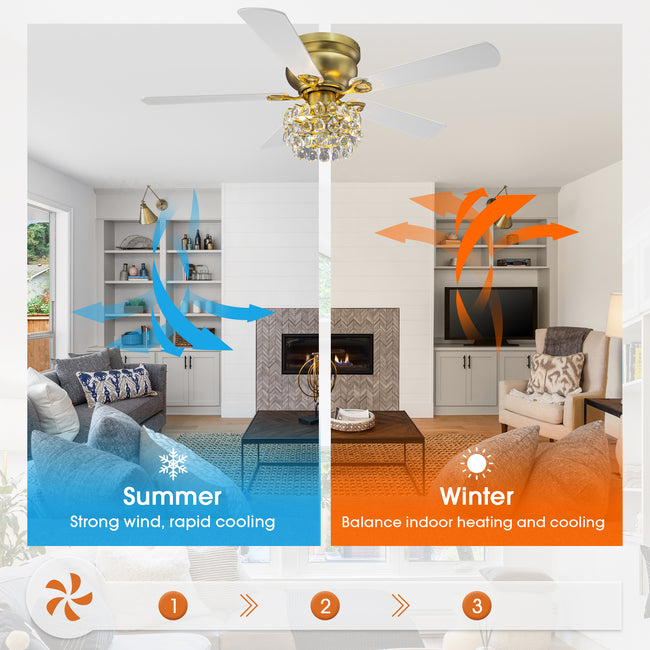 48 Inch Soft Brass Crystal Ornament Flush Mount Ceiling Fan with Light and Remote Control