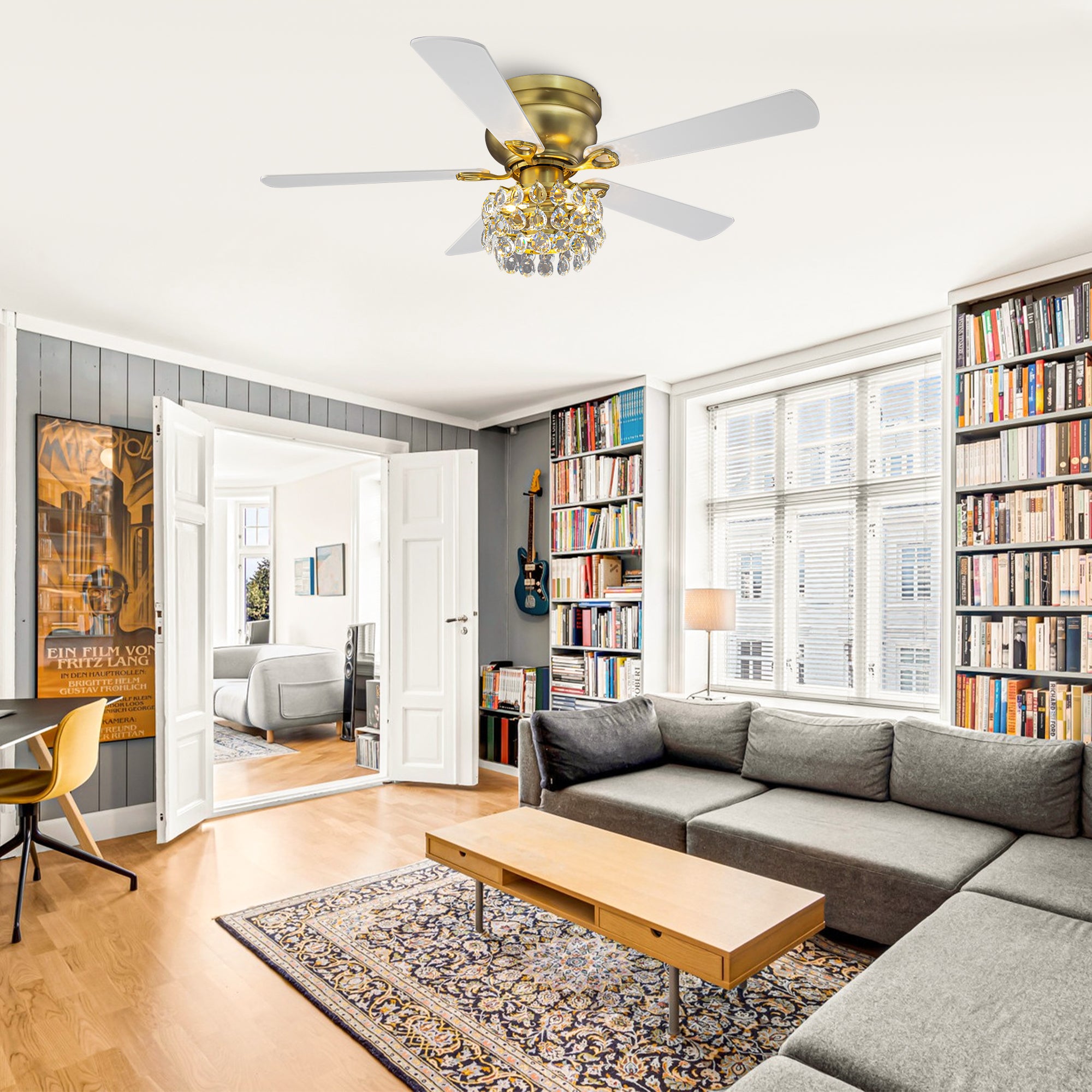 48 Inch Soft Brass Crystal Ornament Flush Mount Ceiling Fan with Light and Remote Control