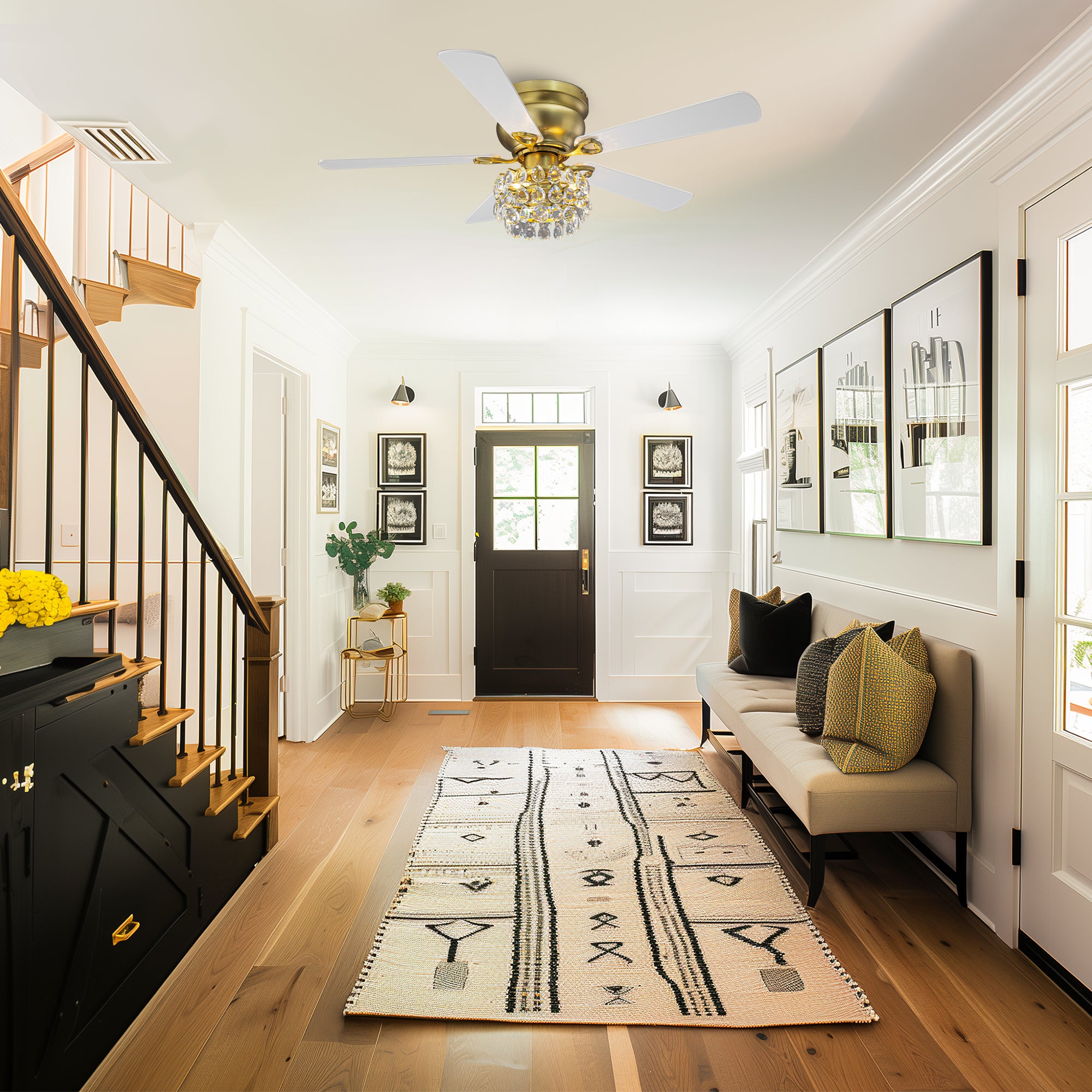 48 Inch Soft Brass Crystal Ornament Flush Mount Ceiling Fan with Light and Remote Control