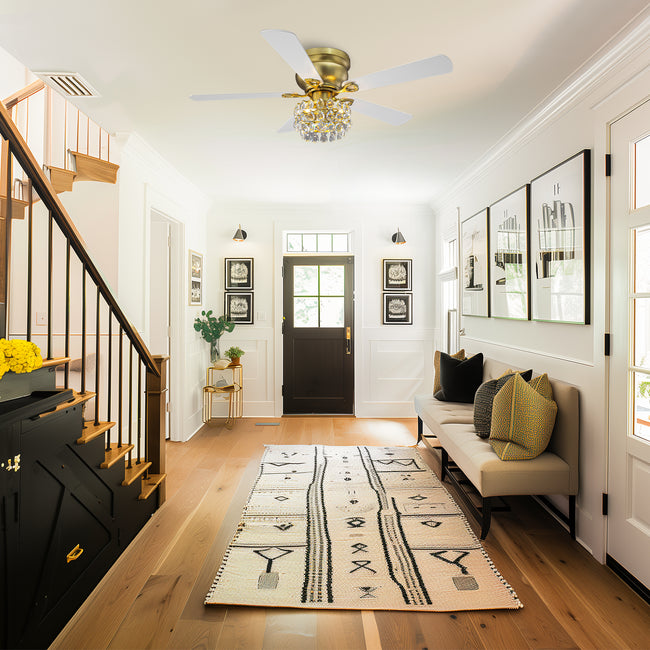 48 Inch Soft Brass Crystal Ornament Flush Mount Ceiling Fan with Light and Remote Control