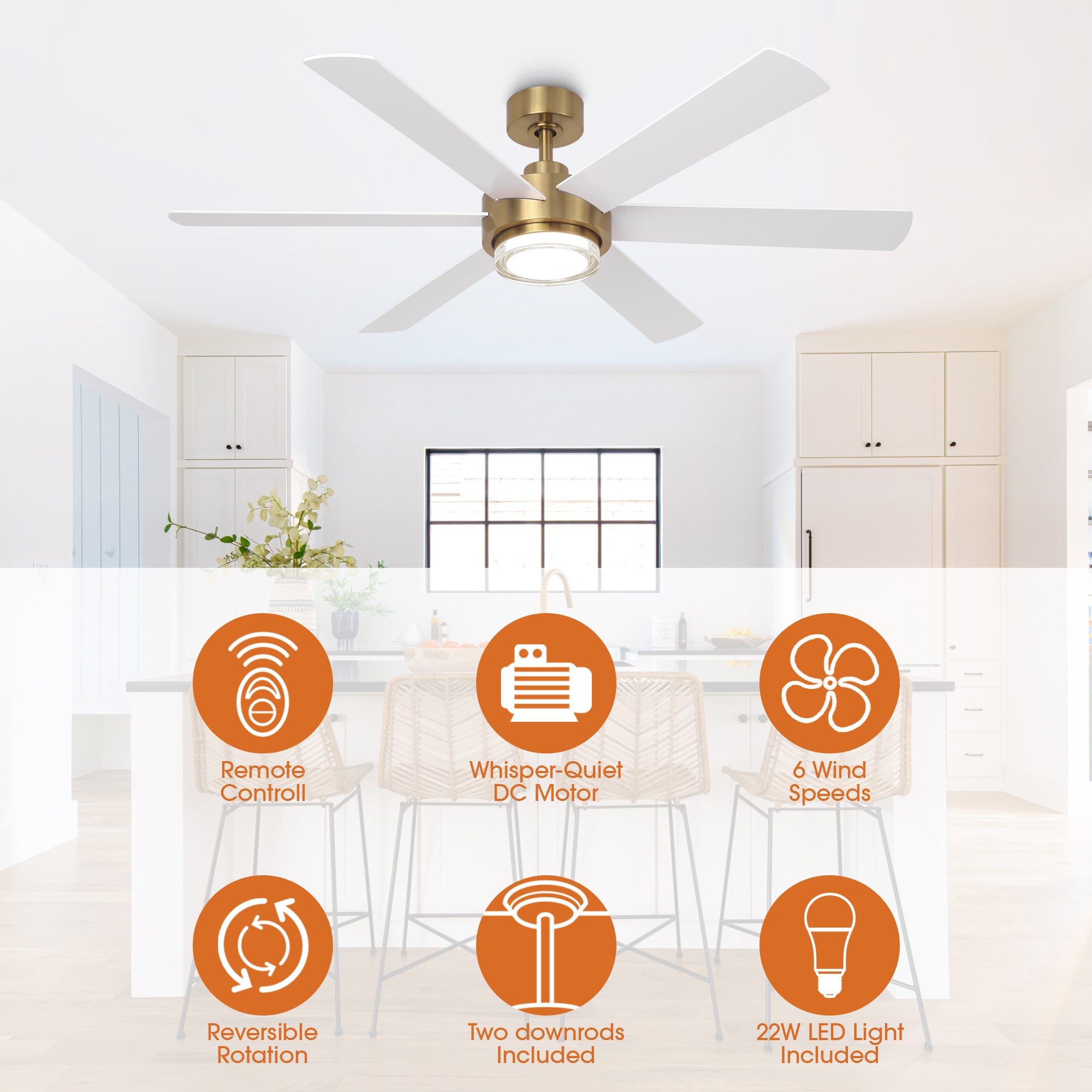 Ventilador de techo moderno Kama de 54 pulgadas con montaje en varilla, control remoto y luz LED