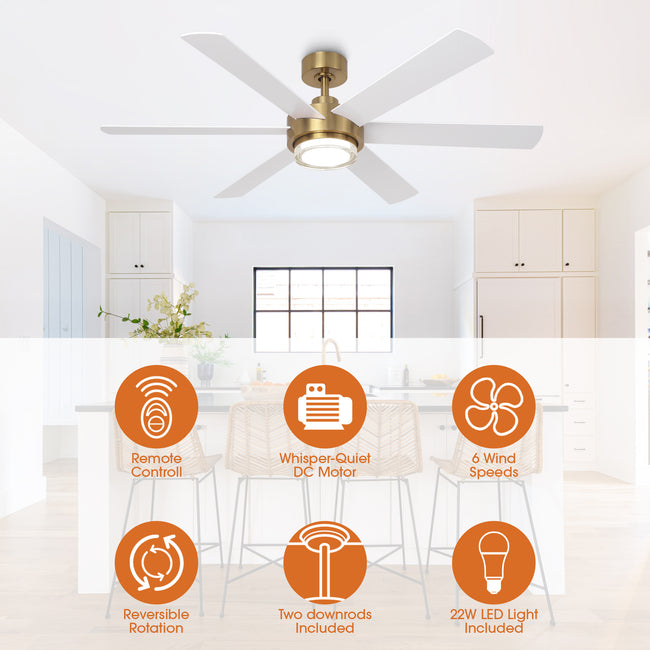 54 Inch Kama Modern Downrod Mount Ceiling Fan with Remote Control and LED Light