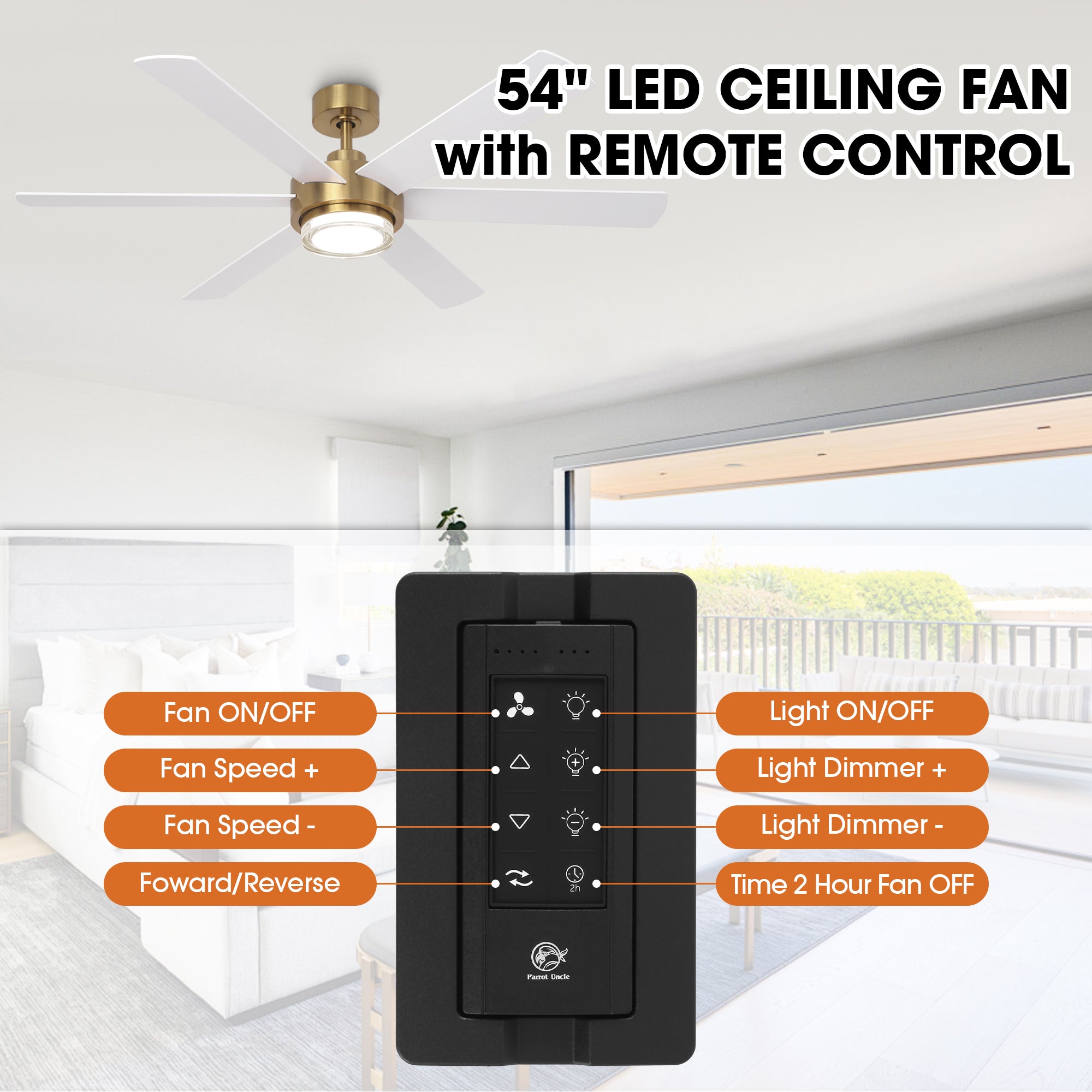 Ventilador de techo moderno Kama de 54 pulgadas con montaje en varilla, control remoto y luz LED