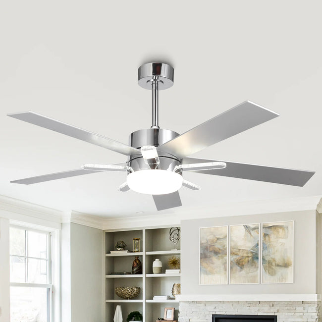 Ventilador de techo moderno de 52 pulgadas con aspas de doble cara y montaje en barra con luz LED principal y lateral
