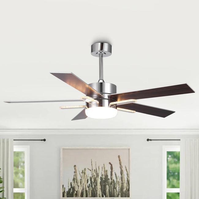 Ventilador de techo moderno de 52 pulgadas con aspas de doble cara y montaje en barra con luz LED principal y lateral