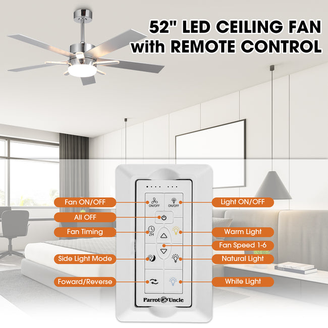 52 Inch Double-sided Blades Modern Downrod Mount Ceiling Fan with Main/Side LED Light