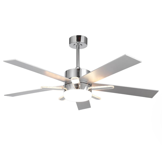 Ventilador de techo moderno de 52 pulgadas con aspas de doble cara y montaje en barra con luz LED principal y lateral