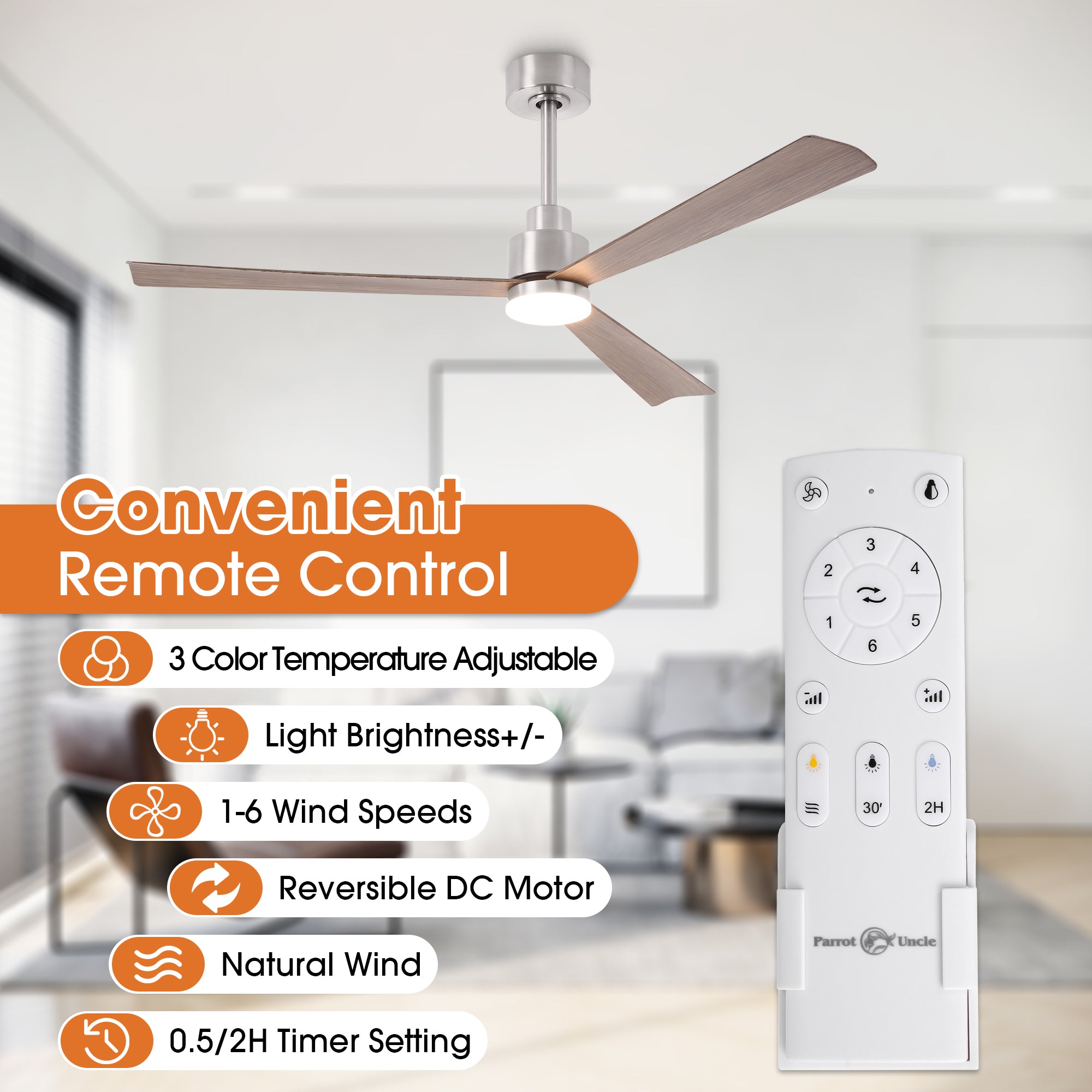 Ventilador de techo Dinah de 52 pulgadas con montaje en varilla, moderno, con control remoto y luz LED