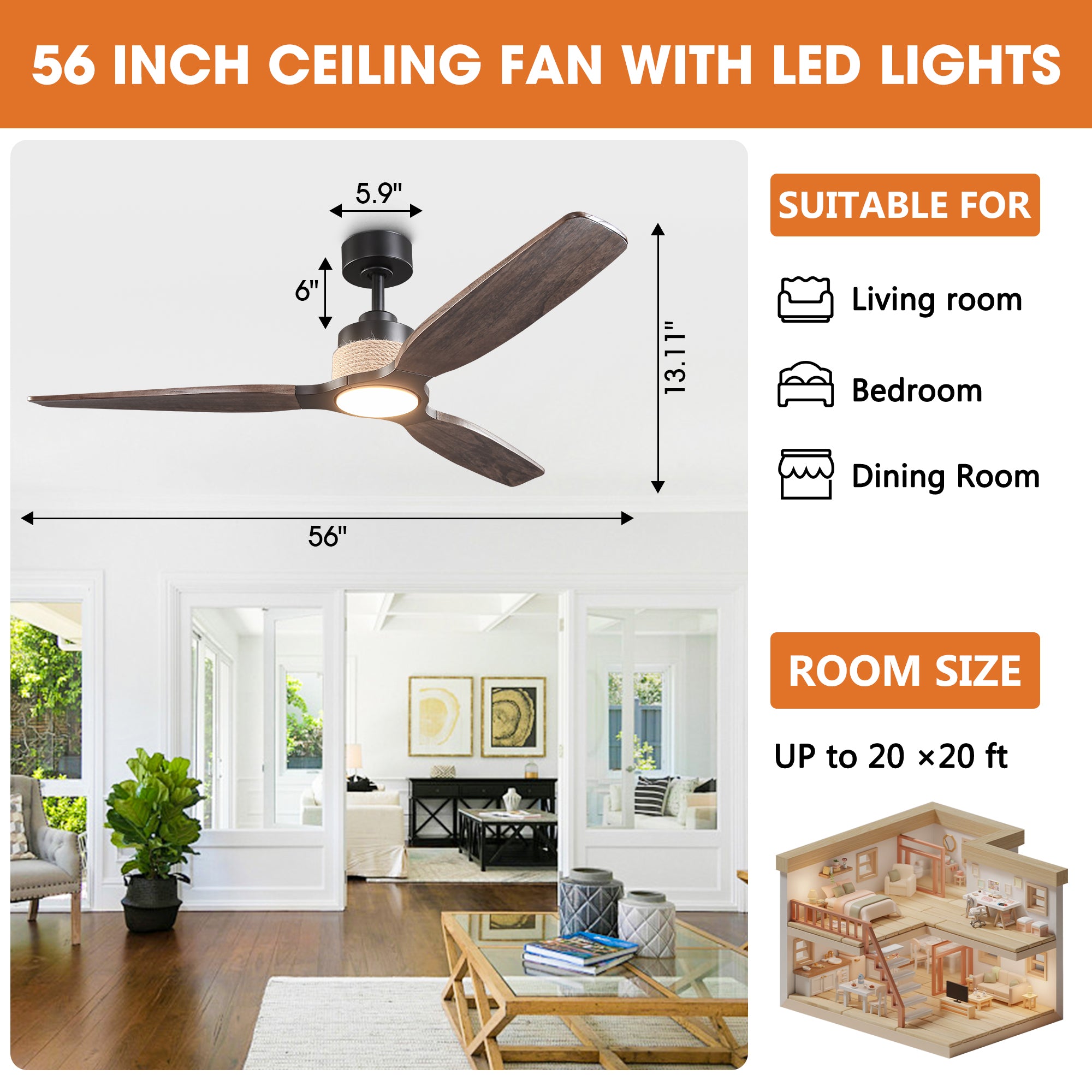 56 Inch Louise Downrod Mount LED Ceiling Fan with Remote Control