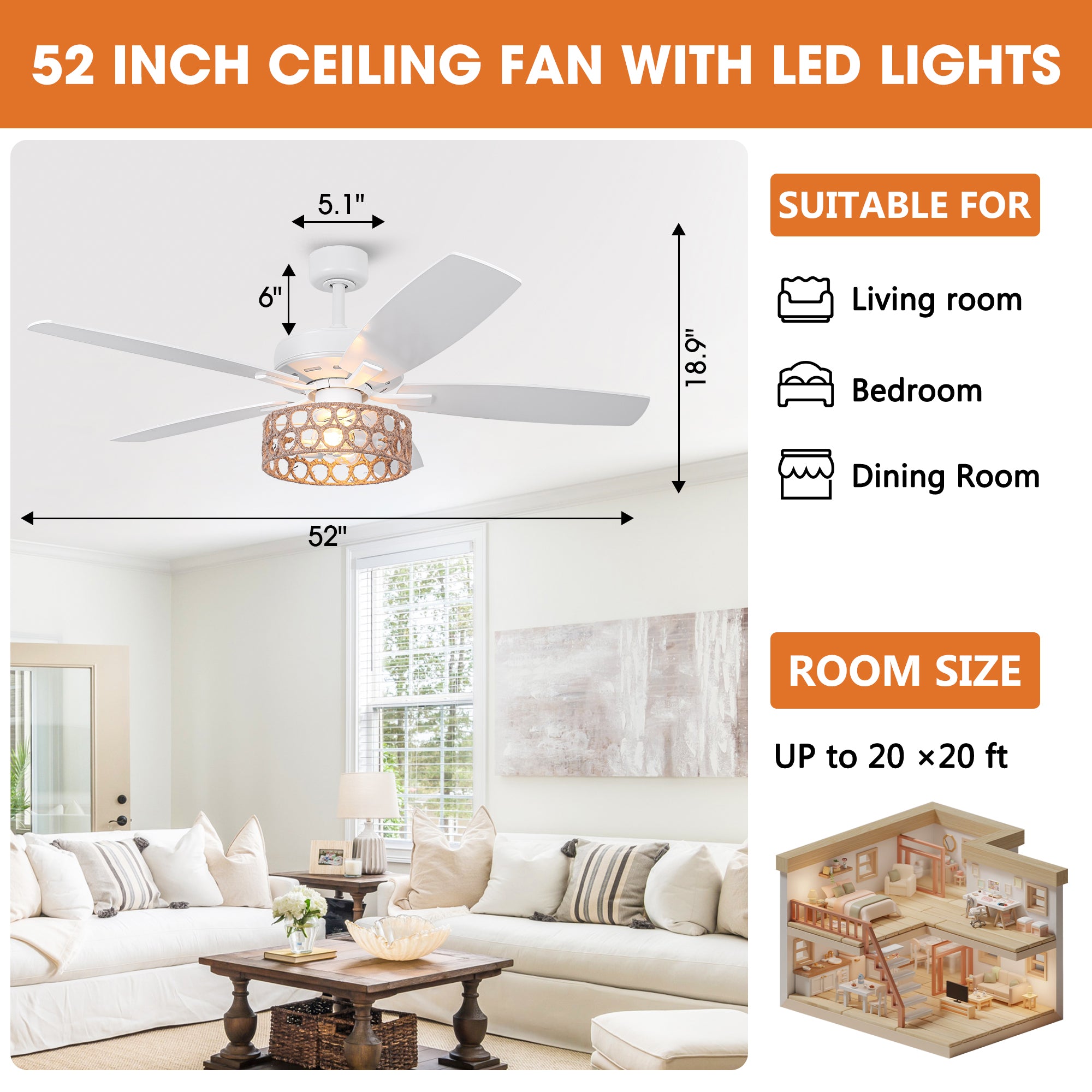52 Inch Harriet White Farmhouse Ceiling Fan with Light and Remote Control