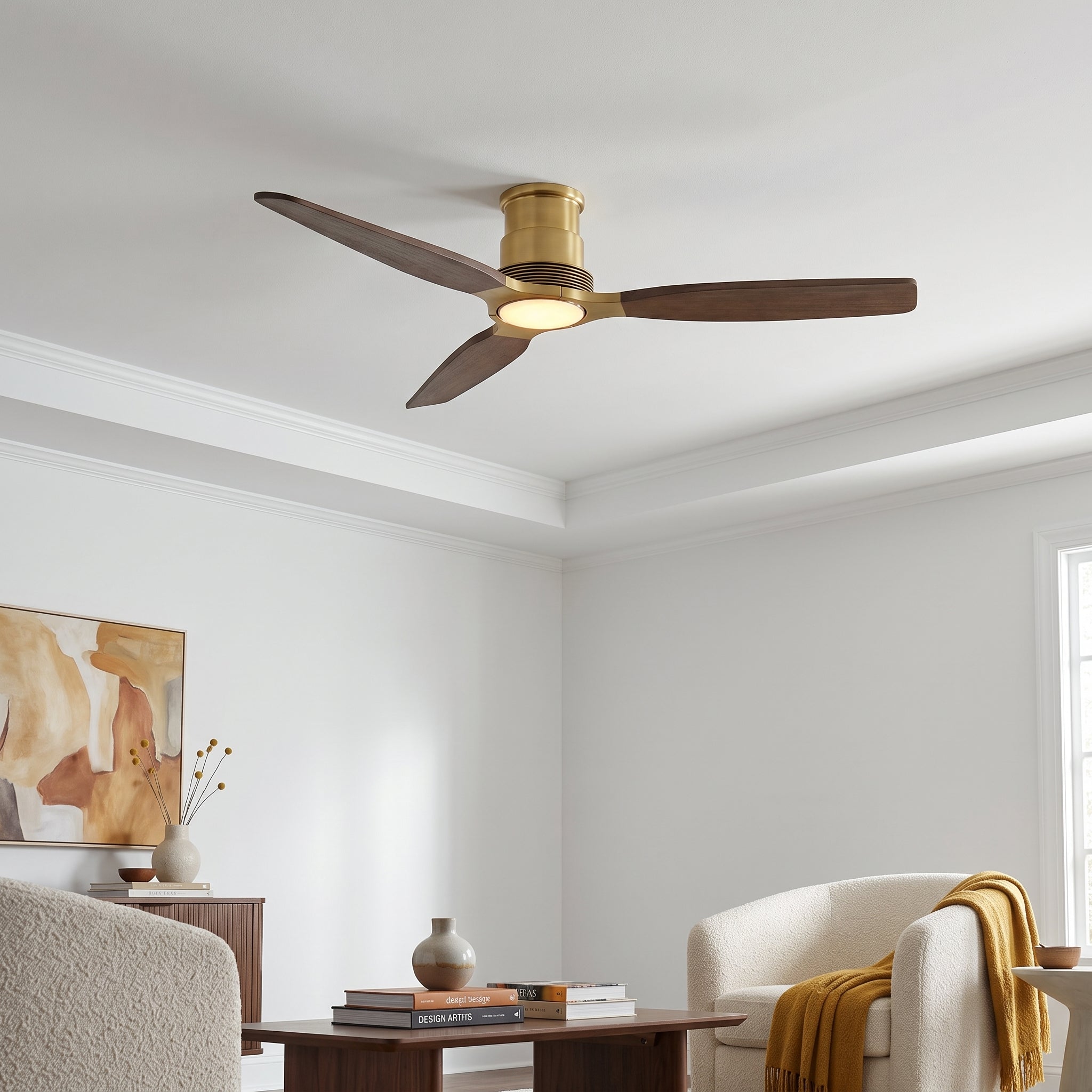 Modern three-blade ceiling fan with dark wood blades and a gold finish light fixture