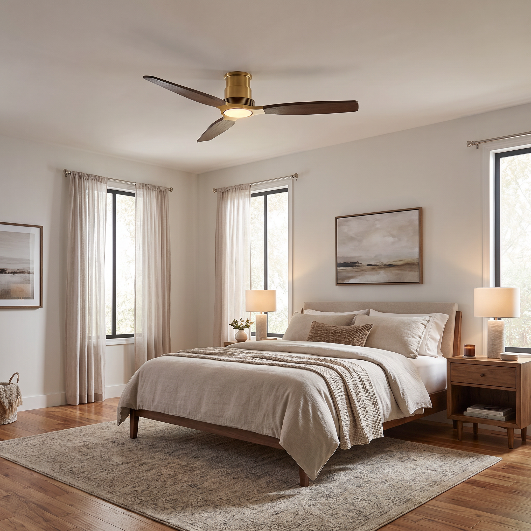 Modern ceiling fan with dark wood blades and gold finish in a neutral bedroom.