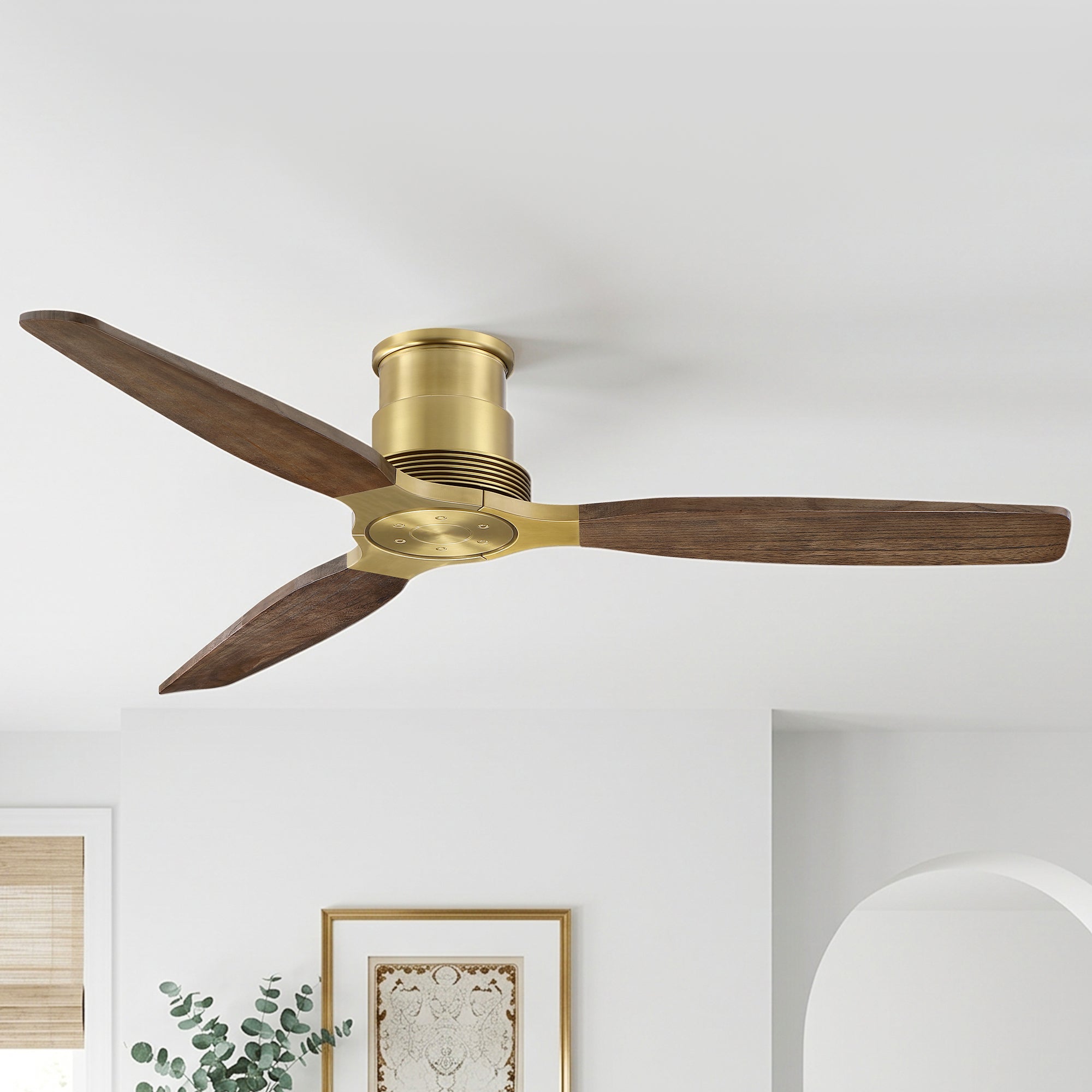 56" Soft Brass Solid Wood Blades Flush Mount Ceiling Fan