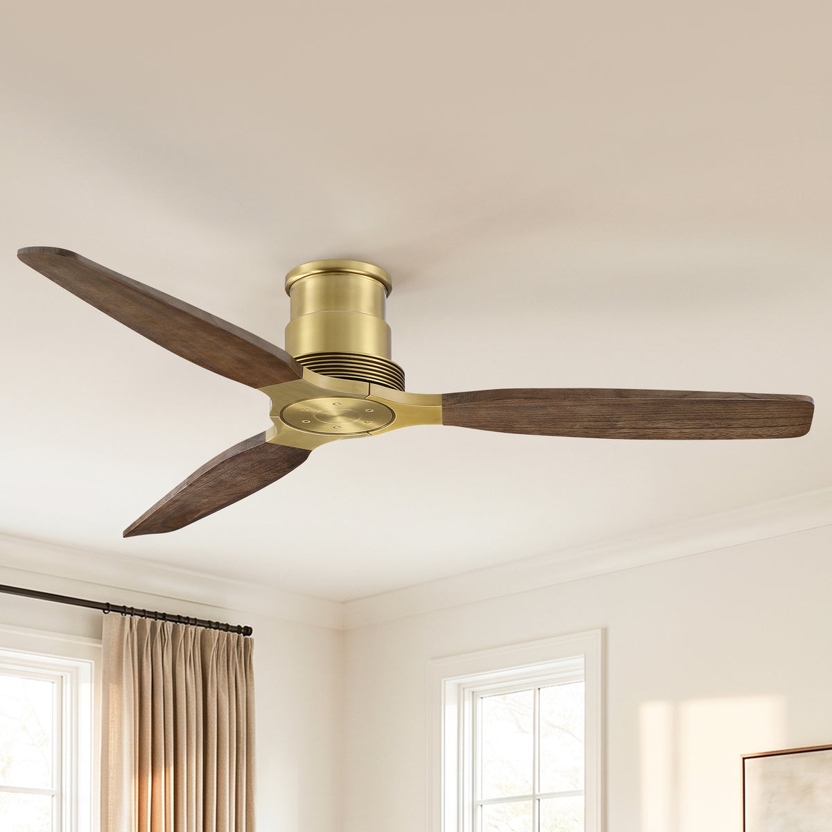 48 Inch Soft Brass Solid Wood Blades Flush Mount Ceiling Fan