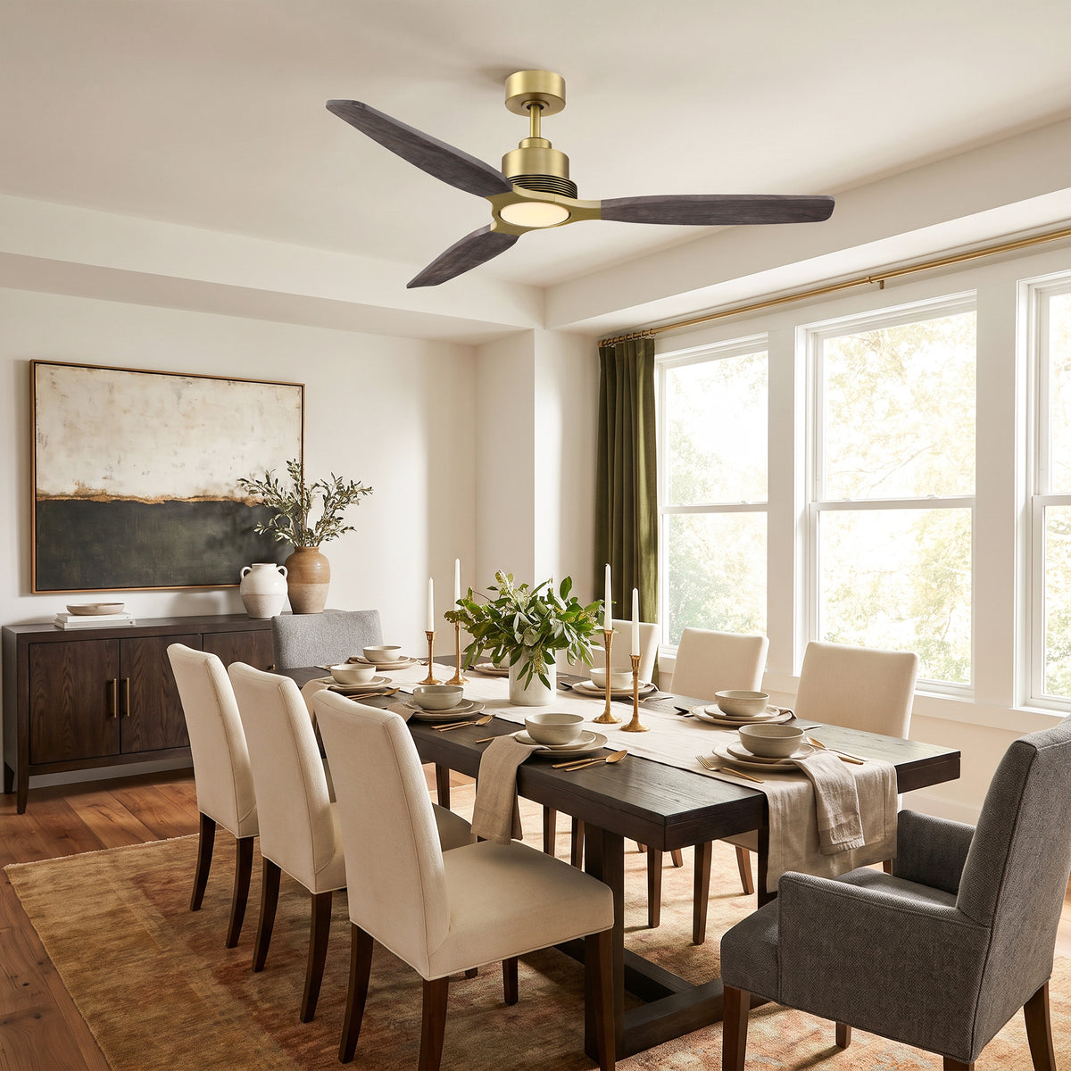 48 Inch Soft Brass Solid Wood Blades Downrod Mount Ceiling Fan