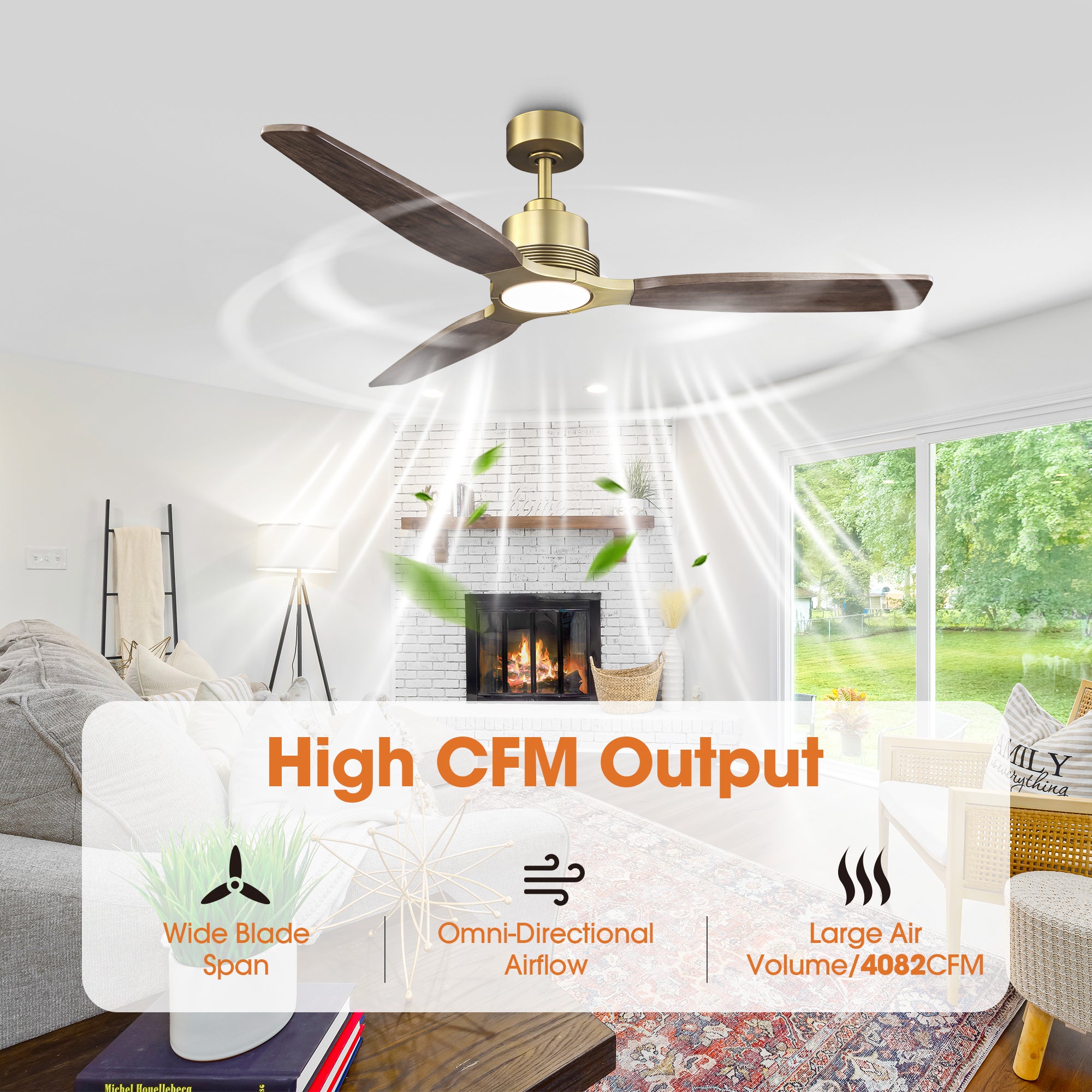 56 Inch Soft Brass Solid Wood Blades LED Ceiling Fan with Remote Control