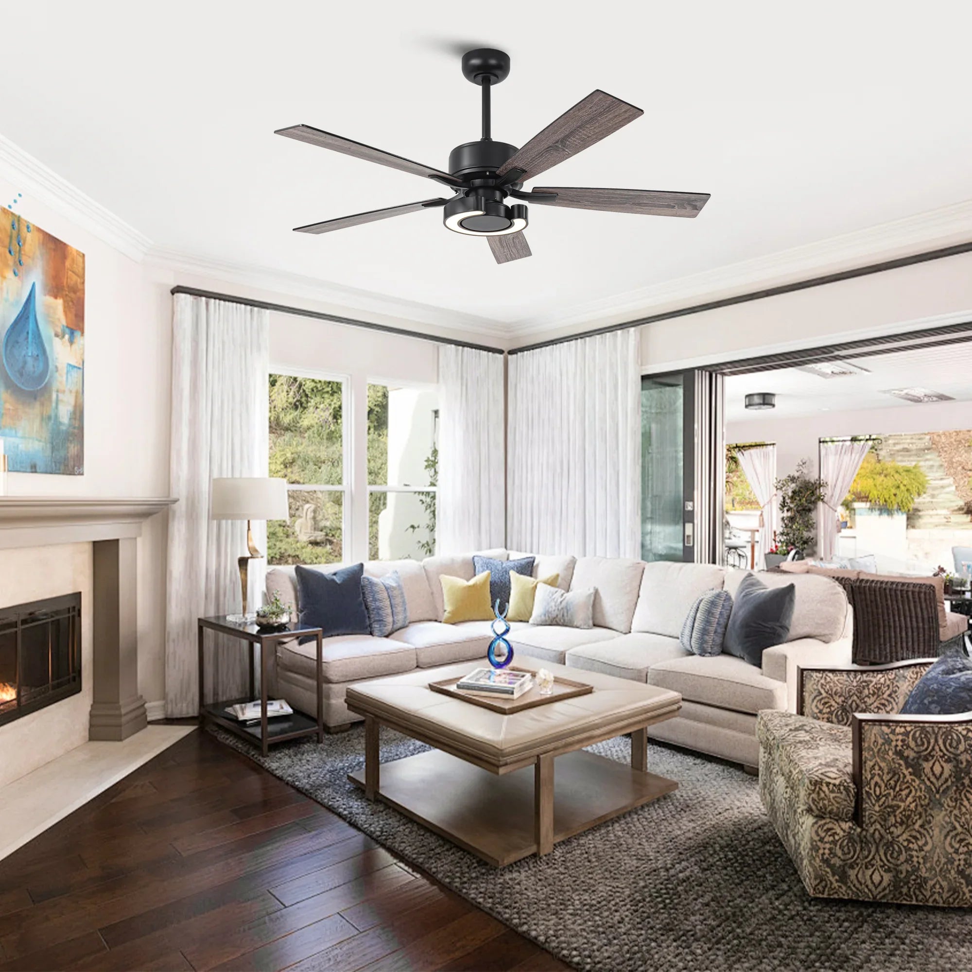 52 Inch Arlen Double-sided Blades Downrod Mount LED Ceiling Fan with Remote Control