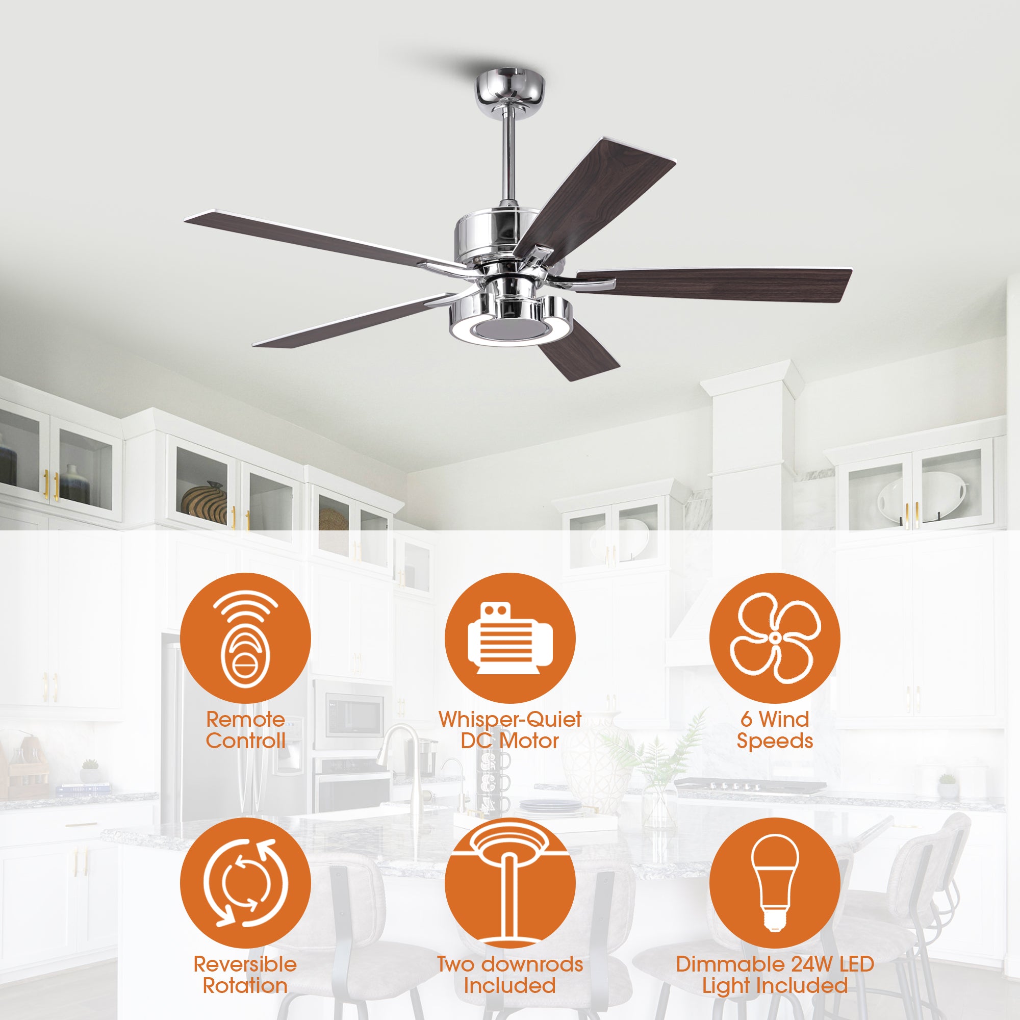 52 Inch Arlen Double-sided Blades Downrod Mount LED Ceiling Fan with Remote Control