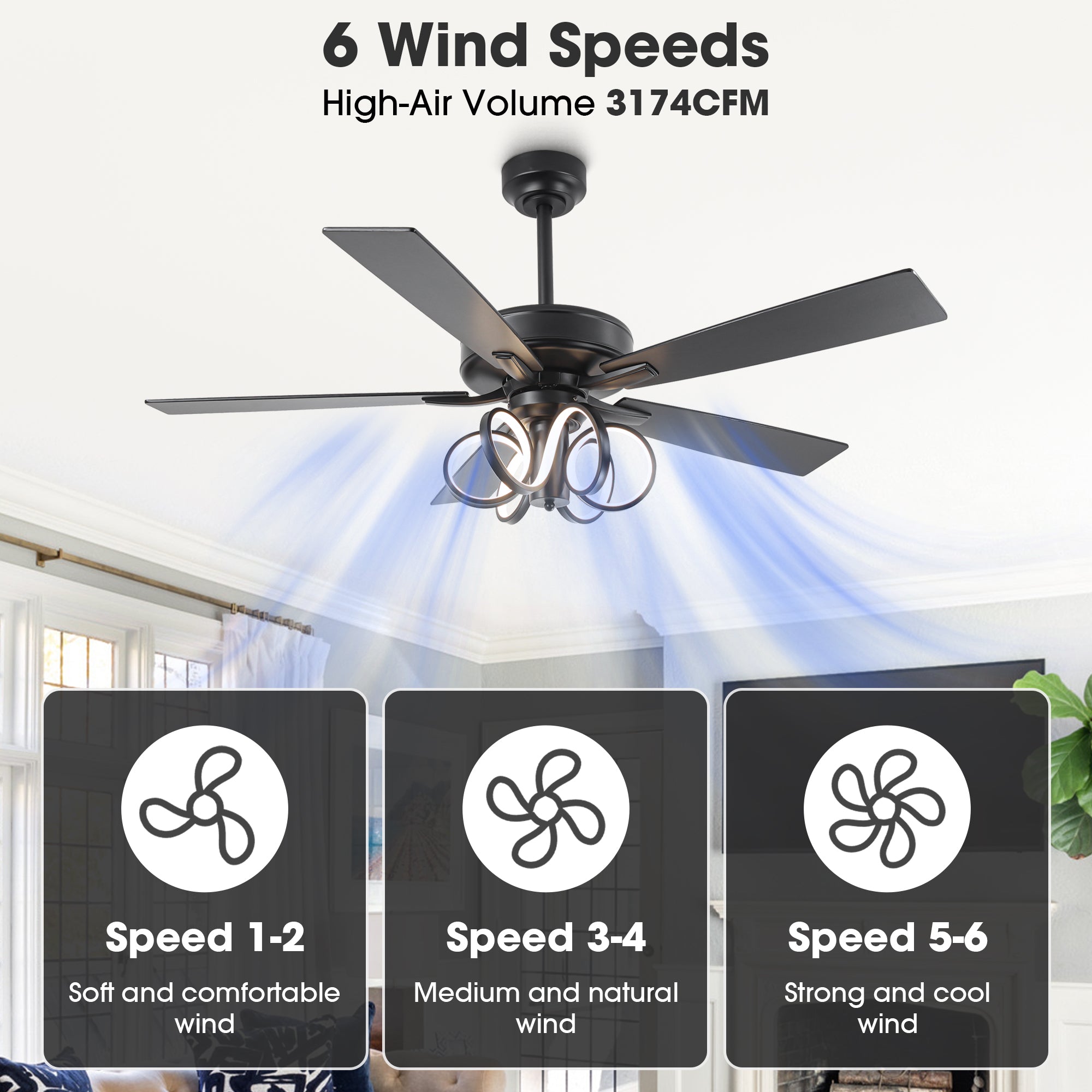 52 Inch Levi Double-sided Blades Downrod Mount LED Ceiling Fan with Remote Control