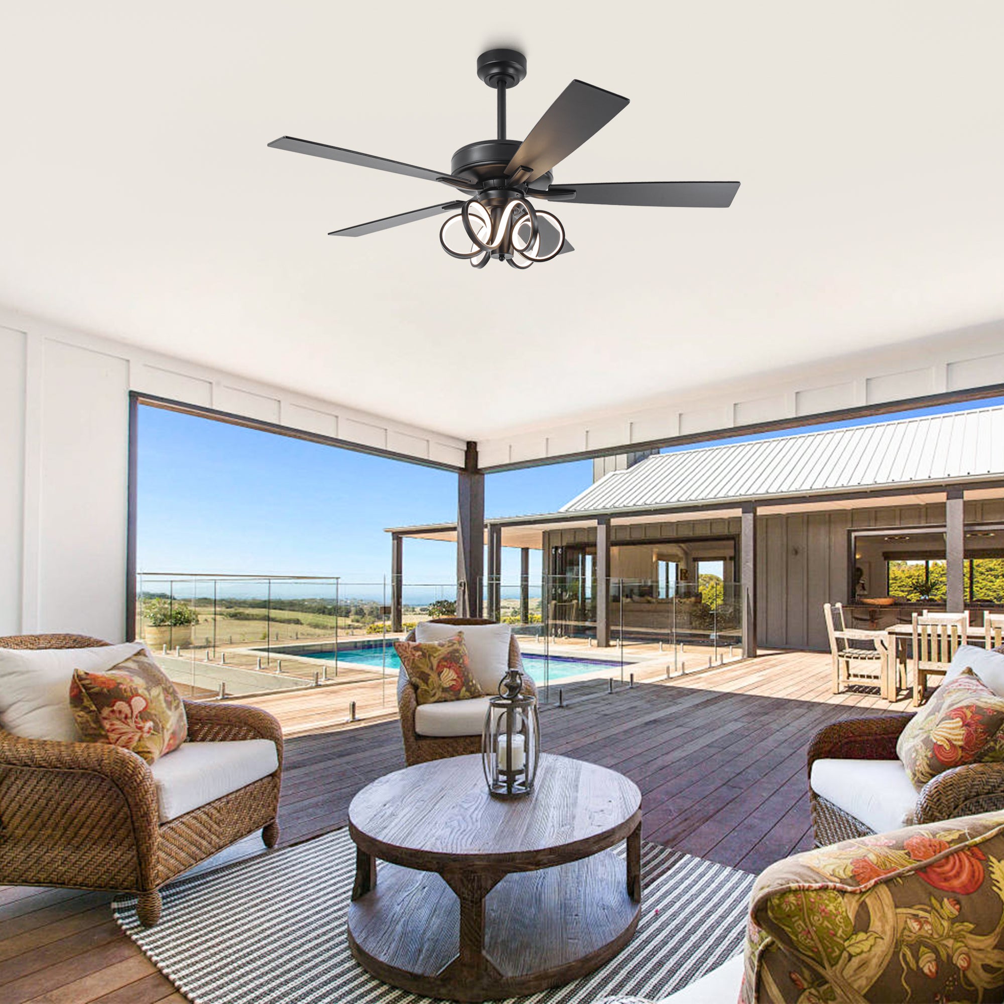 52 Inch Levi Double-sided Blades Downrod Mount LED Ceiling Fan with Remote Control