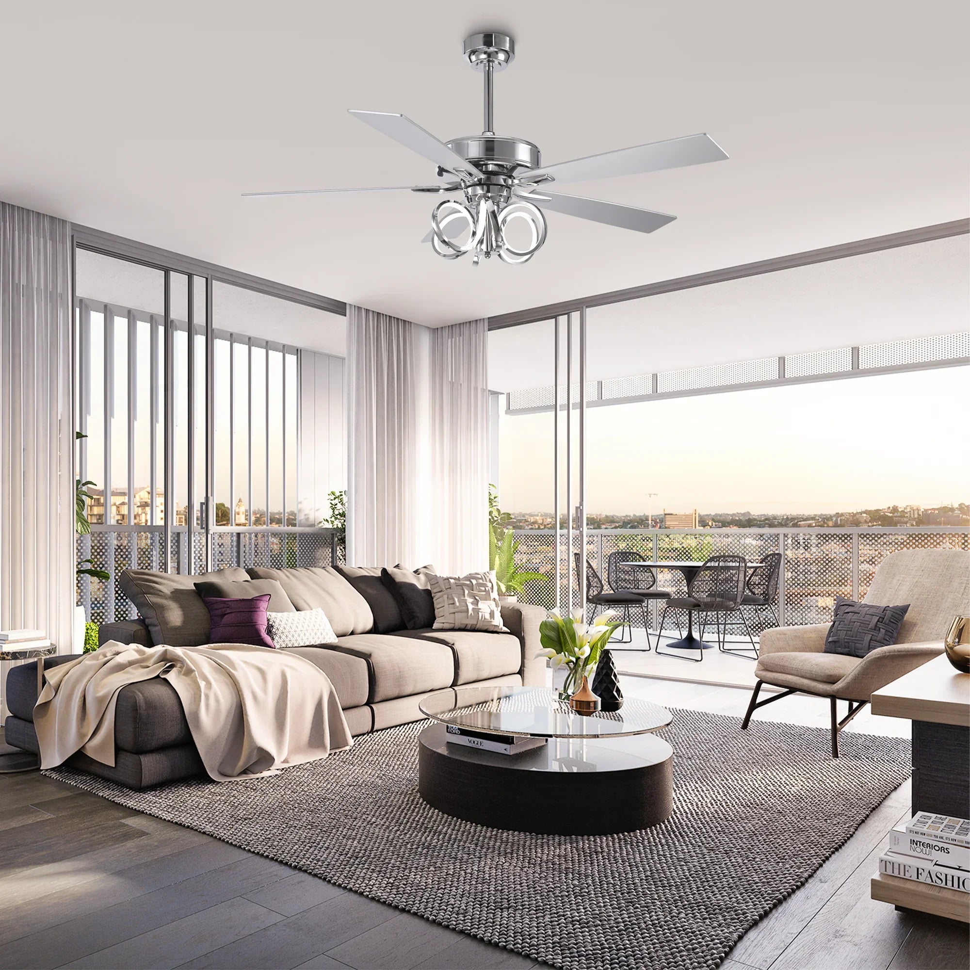 52 Inch Levi Double-sided Blades Downrod Mount LED Ceiling Fan with Remote Control