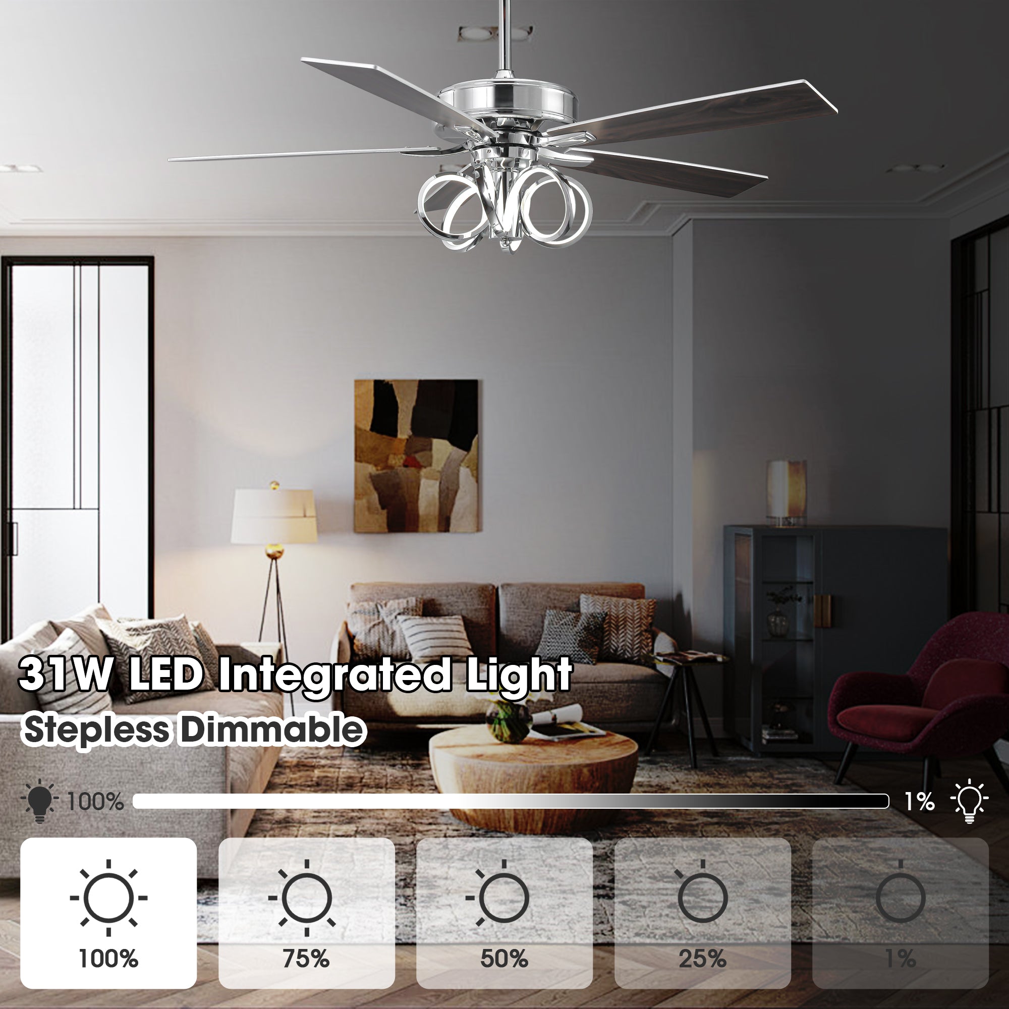 52 Inch Levi Double-sided Blades Downrod Mount LED Ceiling Fan with Remote Control