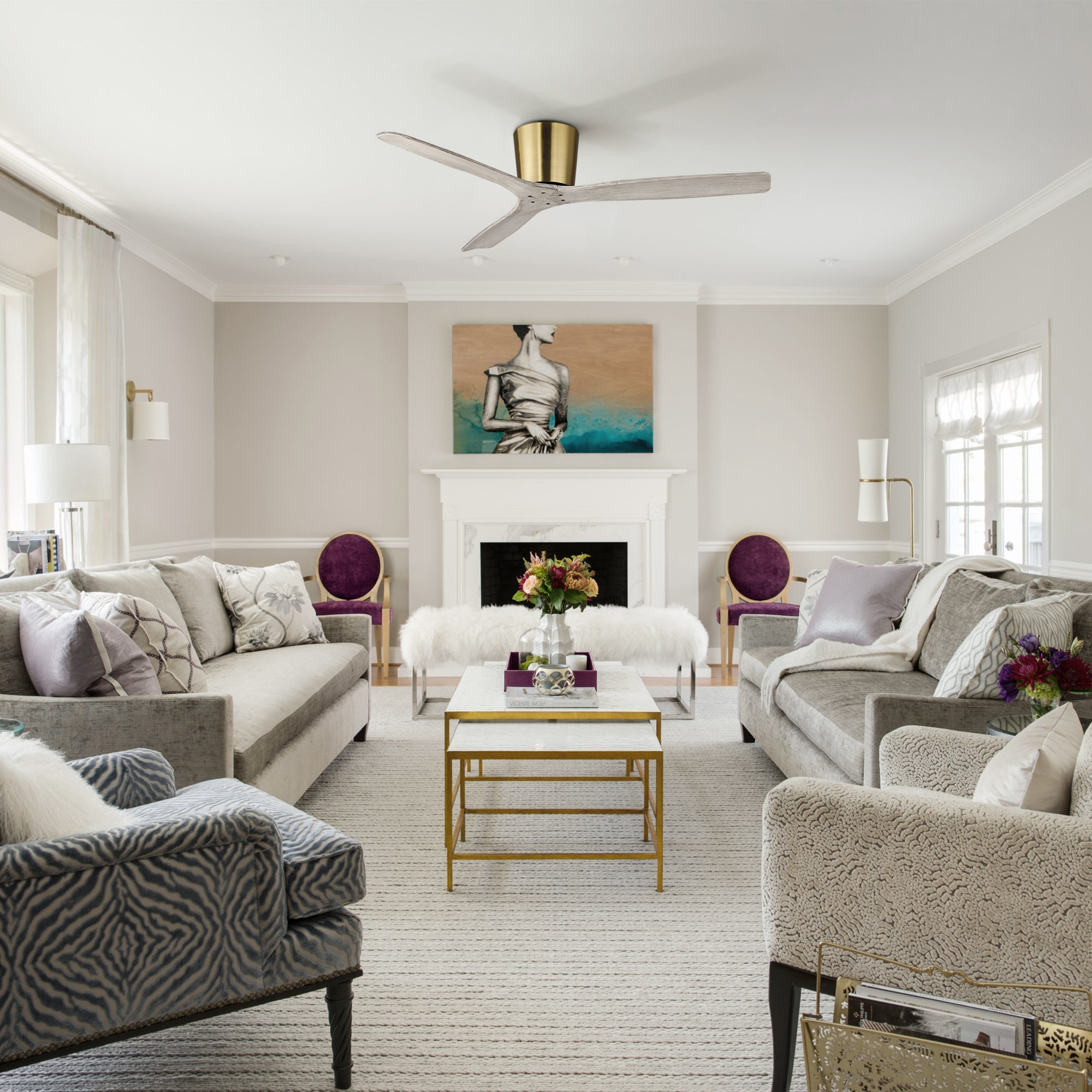 54 Inch Ward Solid Wood Blades Flush Mount Ceiling Fan with Remote Control