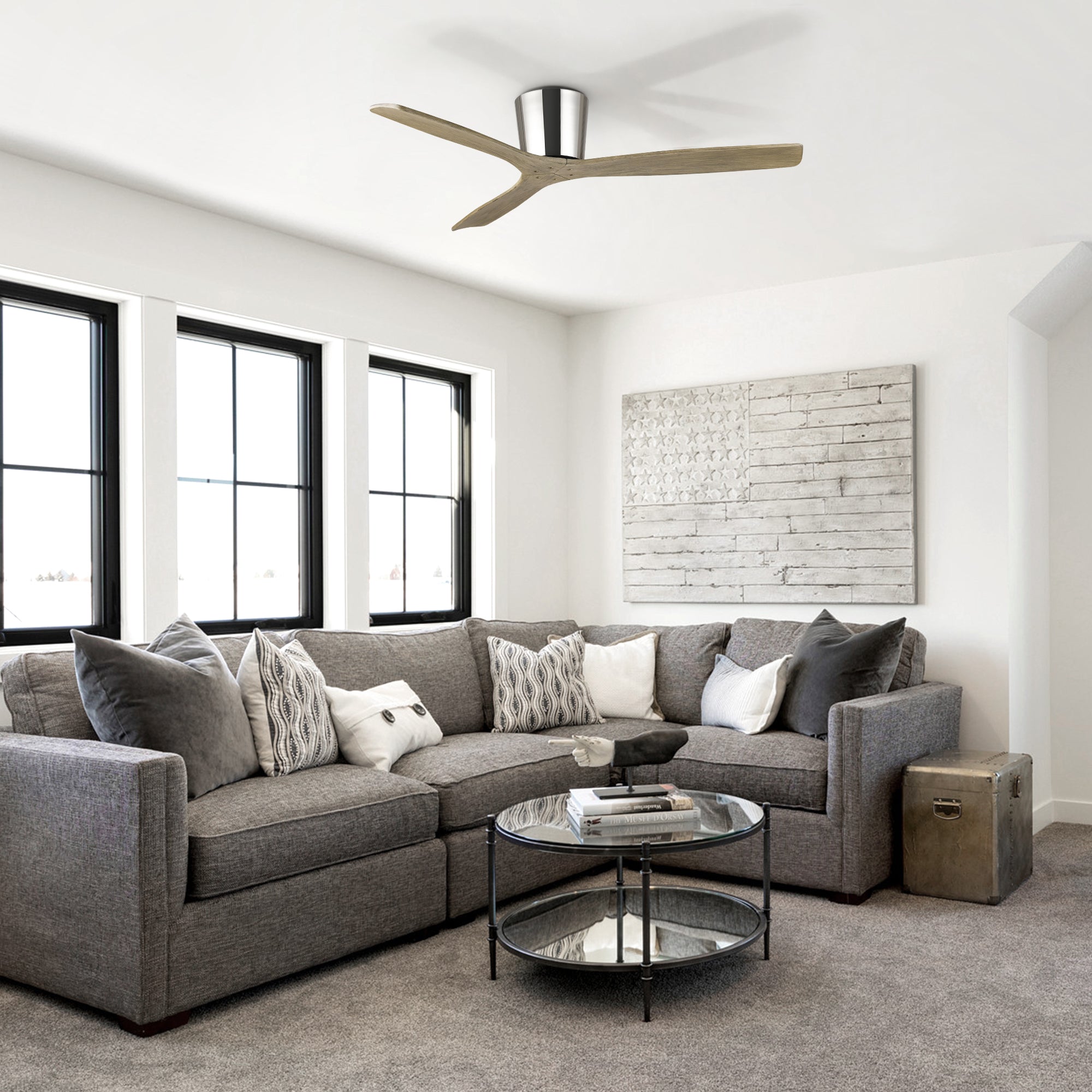 54 Inch Ward Solid Wood Blades Flush Mount Ceiling Fan with Remote Control