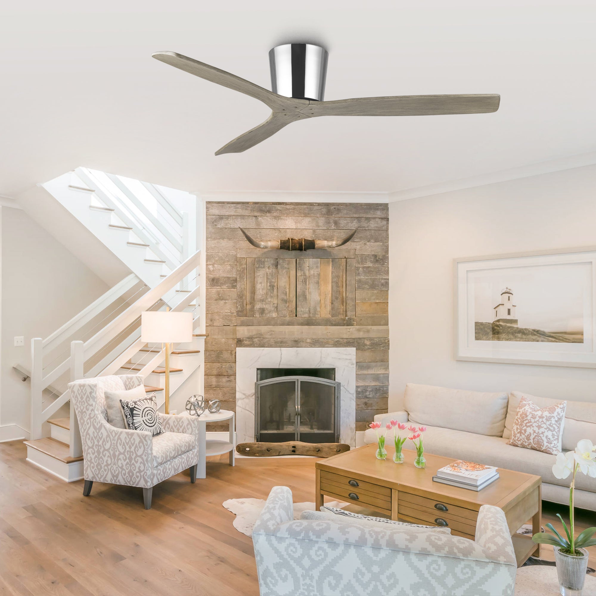 54 Inch Ward Solid Wood Blades Flush Mount Ceiling Fan with Remote Control