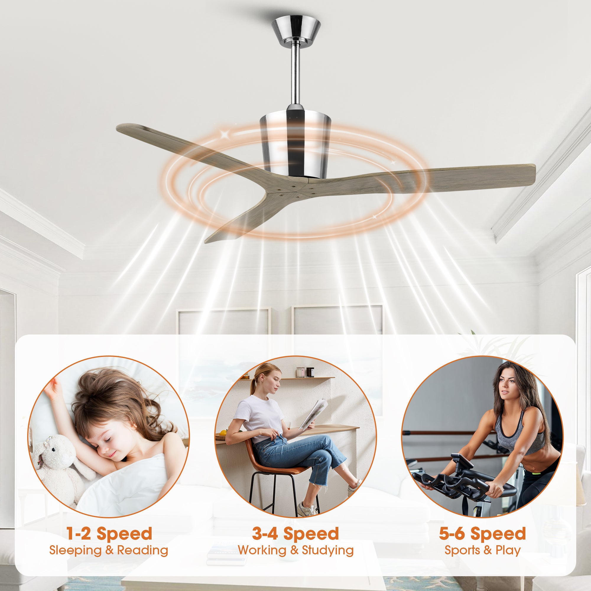 54 Inch Dylan Solid Wood Blades Downrod Mount Ceiling Fan with Remote Control