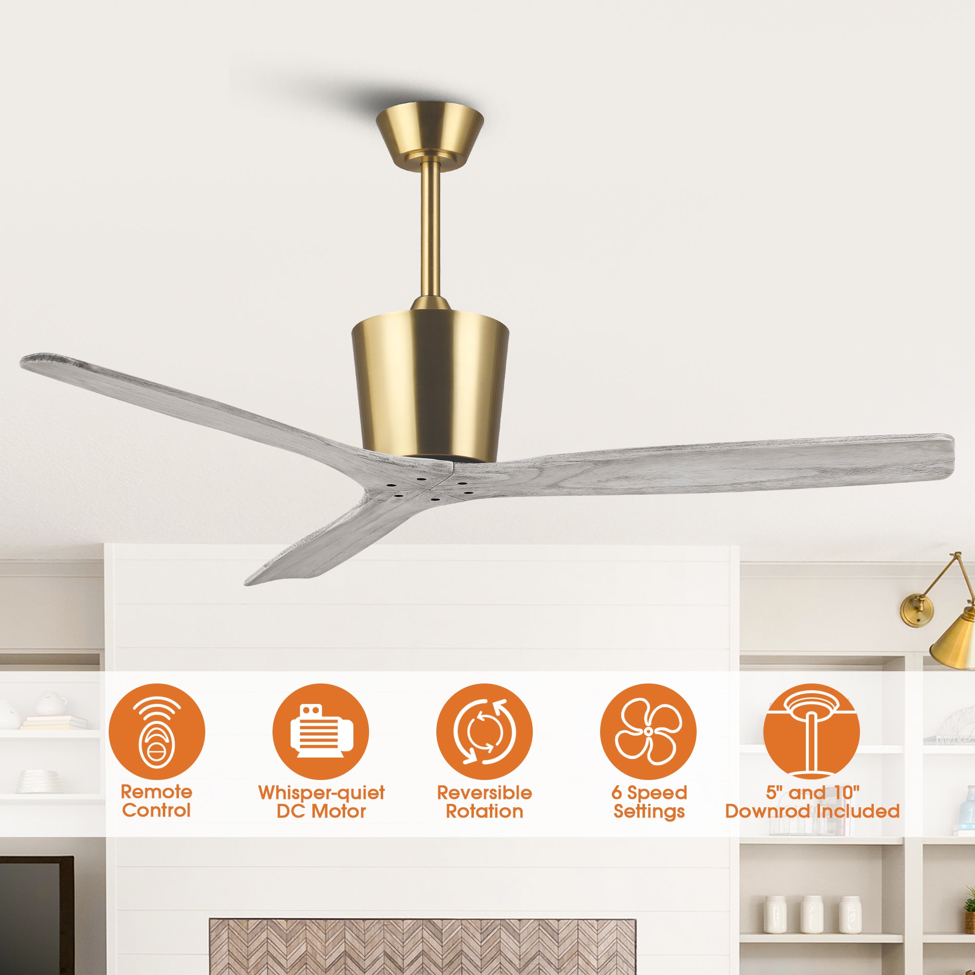 54 Inch Dylan Solid Wood Blades Downrod Mount Ceiling Fan with Remote Control