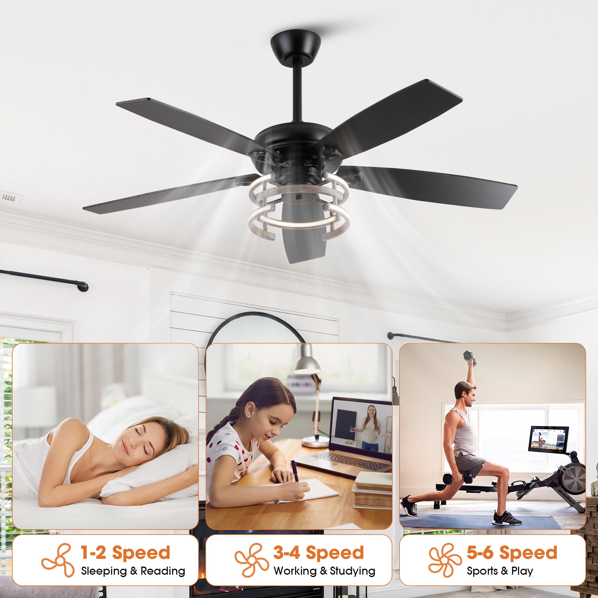 52 Inch Rita Double-sided Blades Downrod Mount LED Ceiling Fan with Remote Control