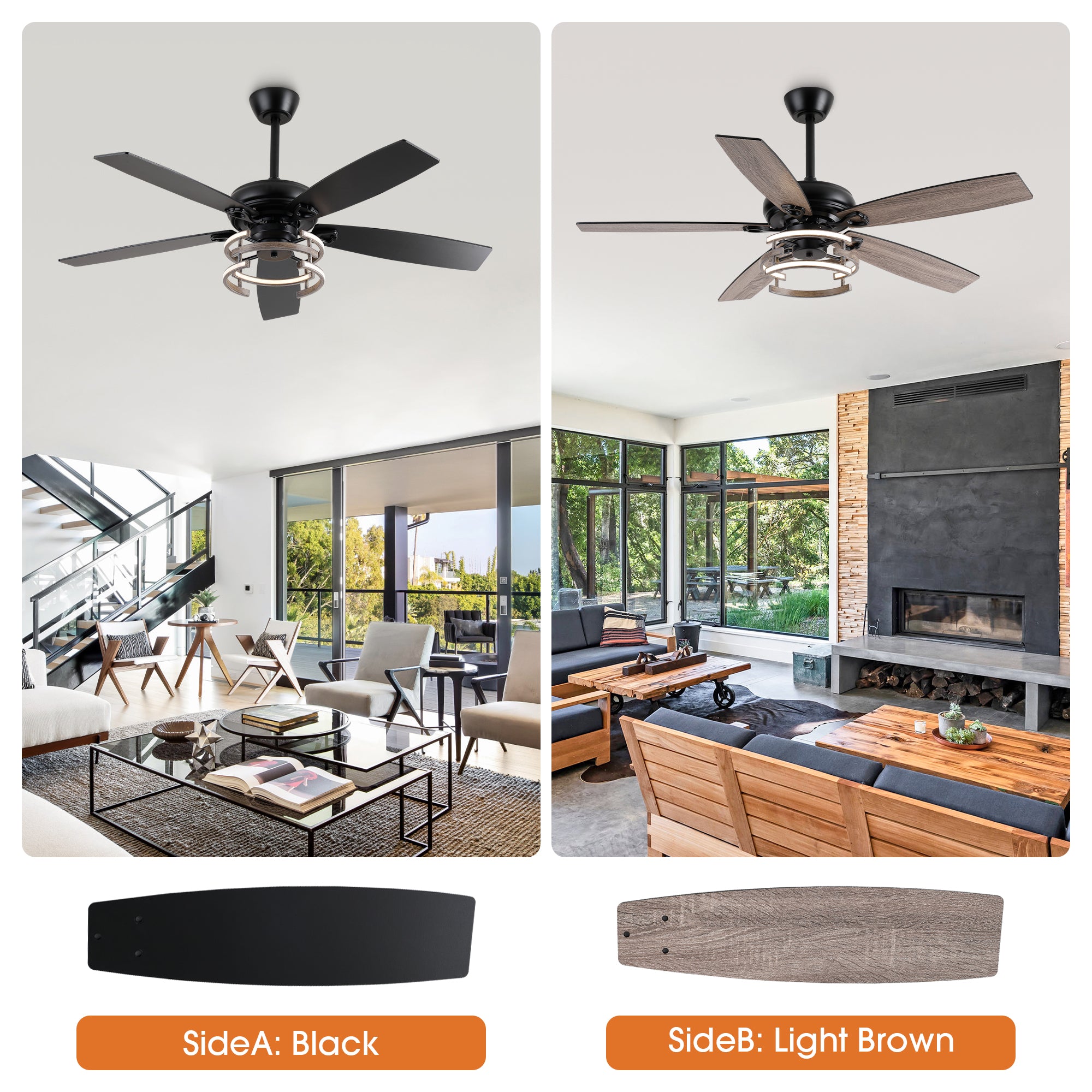 52 Inch Rita Double-sided Blades Downrod Mount LED Ceiling Fan with Remote Control