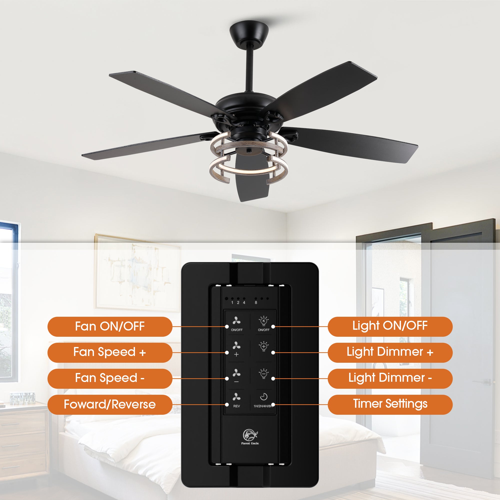 52 Inch Rita Double-sided Blades Downrod Mount LED Ceiling Fan with Remote Control