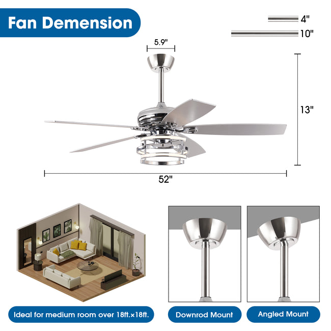 52 Inch Rita Double-sided Blades Downrod Mount LED Ceiling Fan with Remote Control