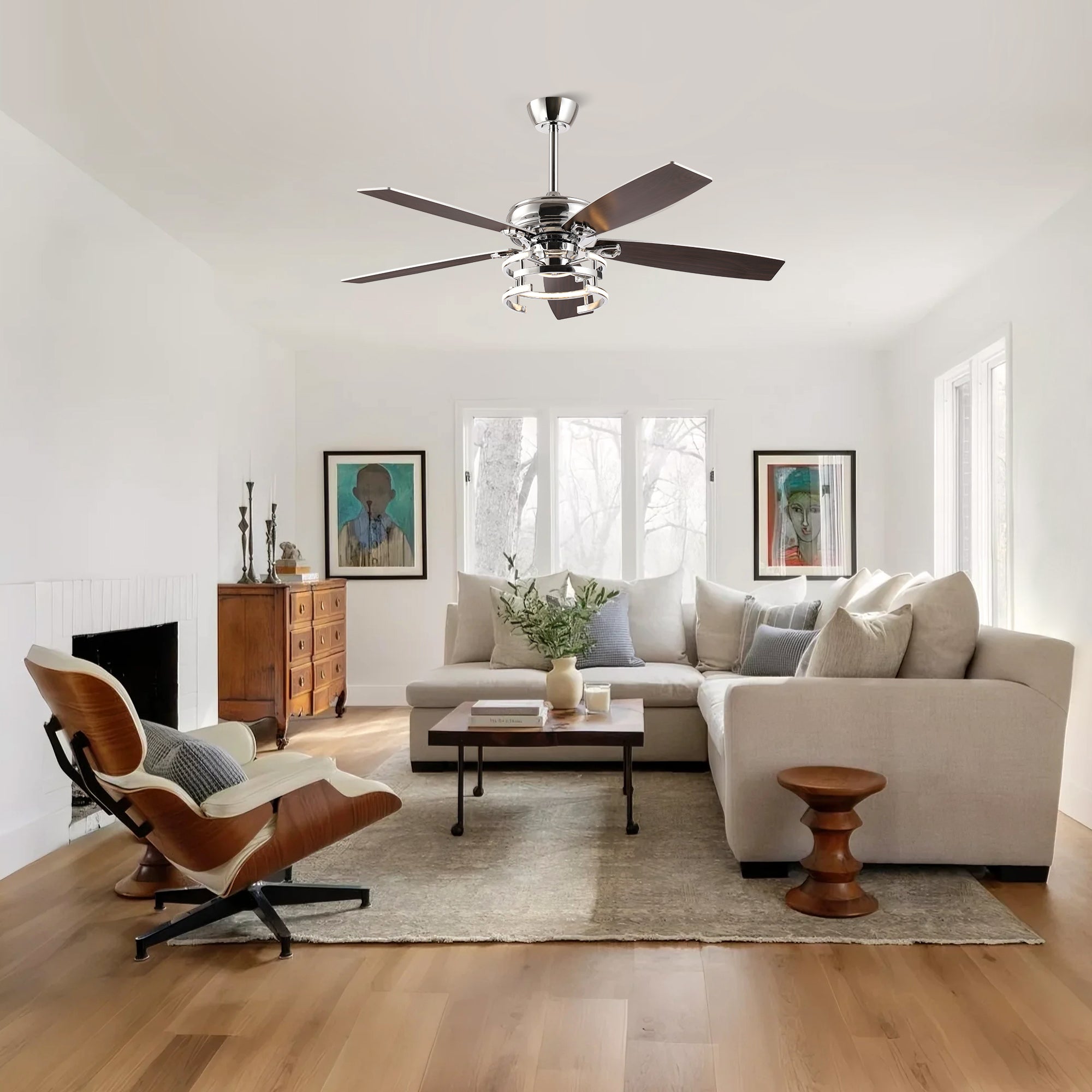 52 Inch Rita Double-sided Blades Downrod Mount LED Ceiling Fan with Remote Control