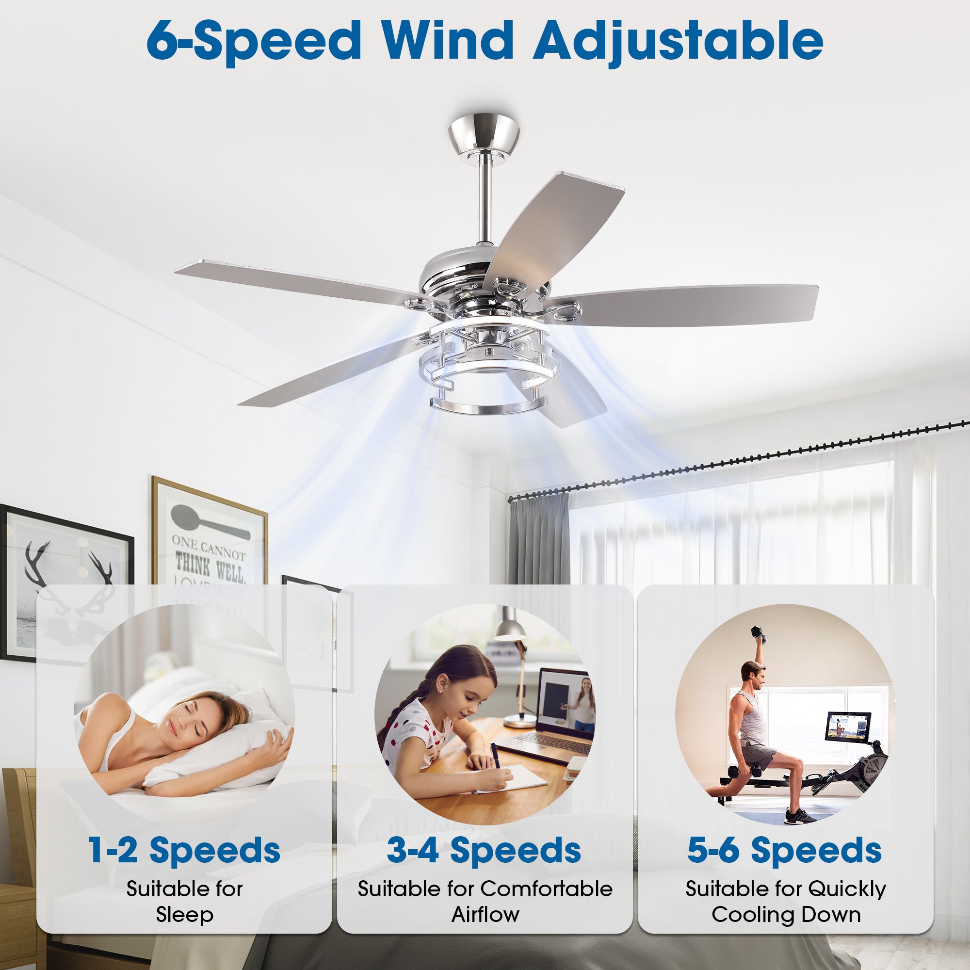52 Inch Rita Double-sided Blades Downrod Mount LED Ceiling Fan with Remote Control
