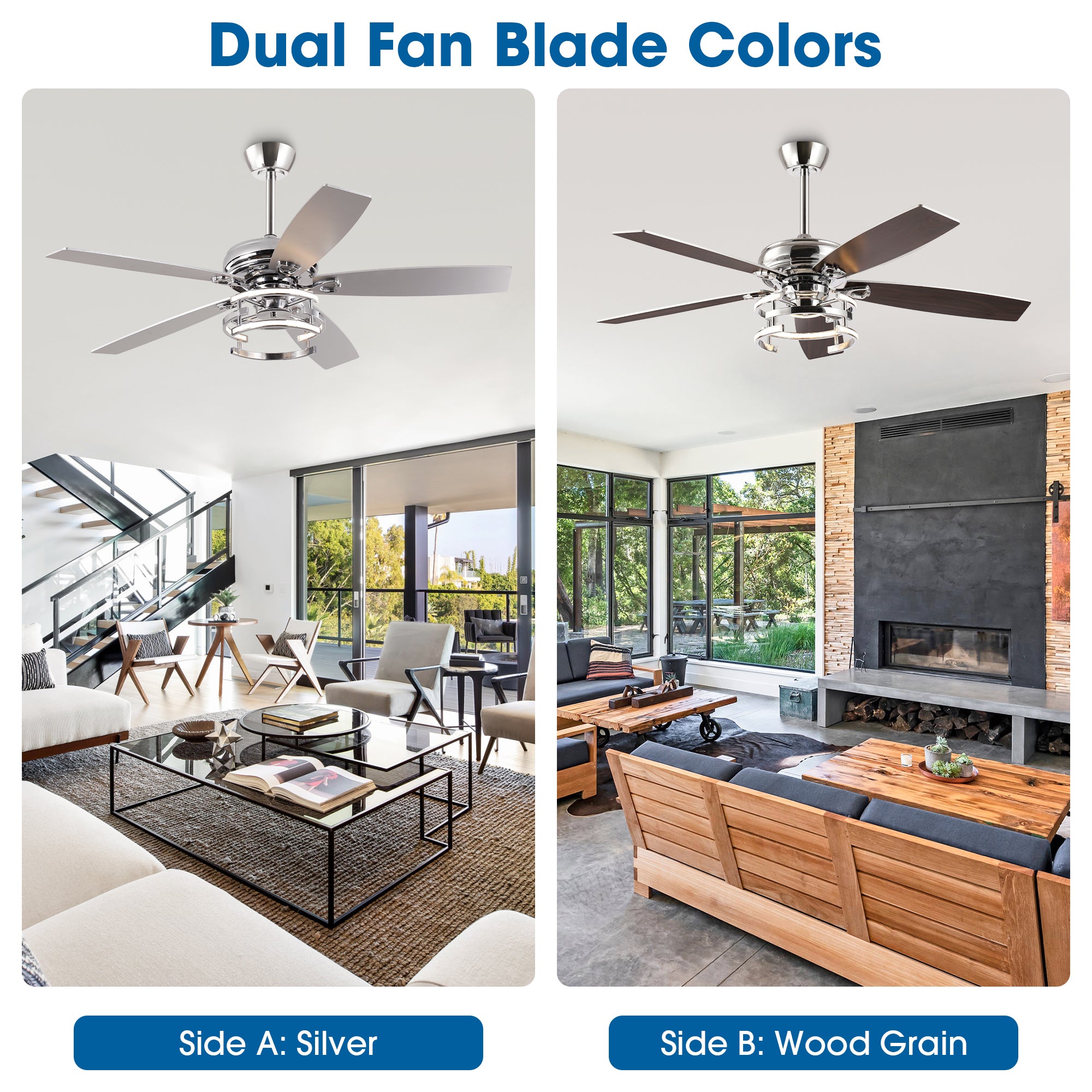 52 Inch Rita Double-sided Blades Downrod Mount LED Ceiling Fan with Remote Control
