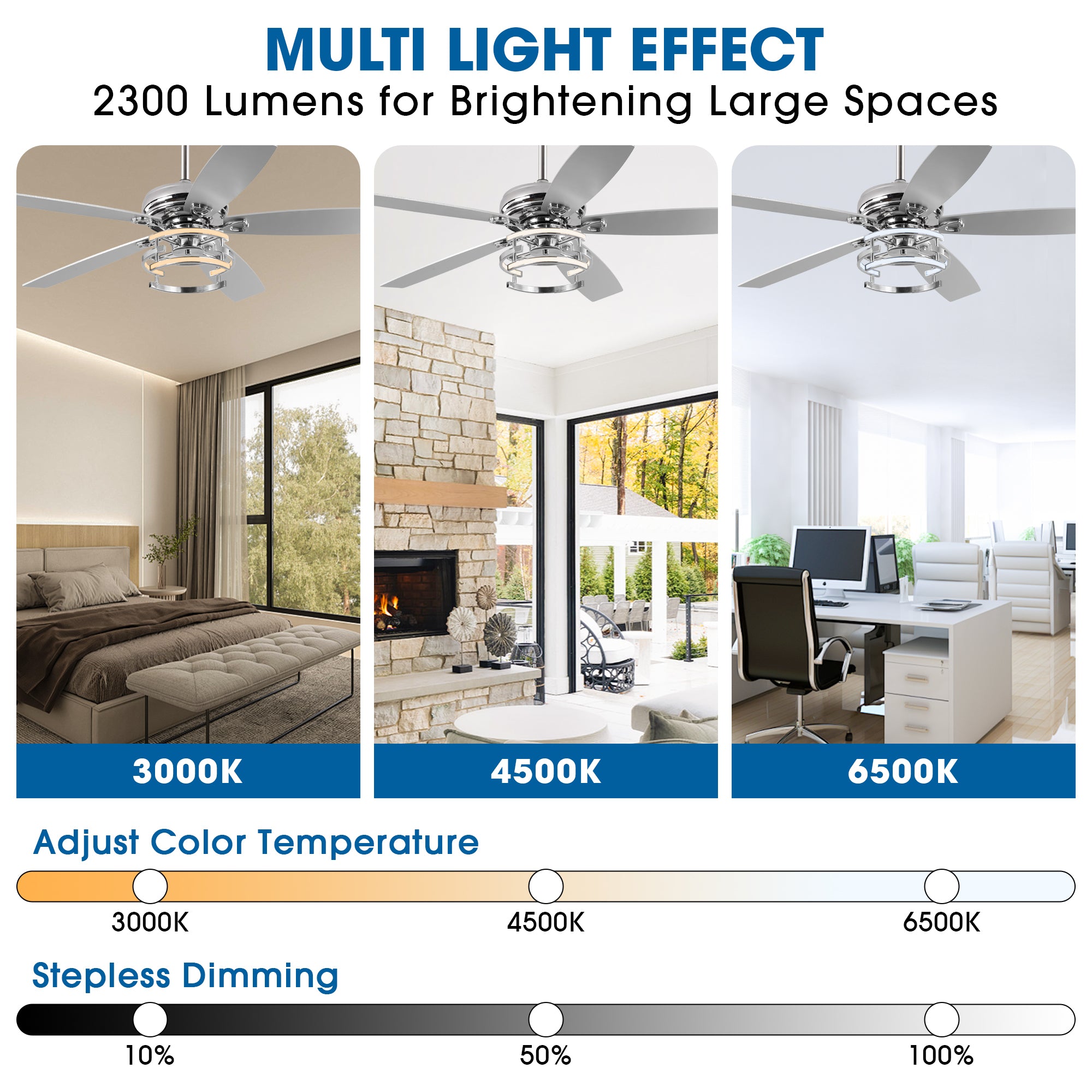 52 Inch Rita Double-sided Blades Downrod Mount LED Ceiling Fan with Remote Control
