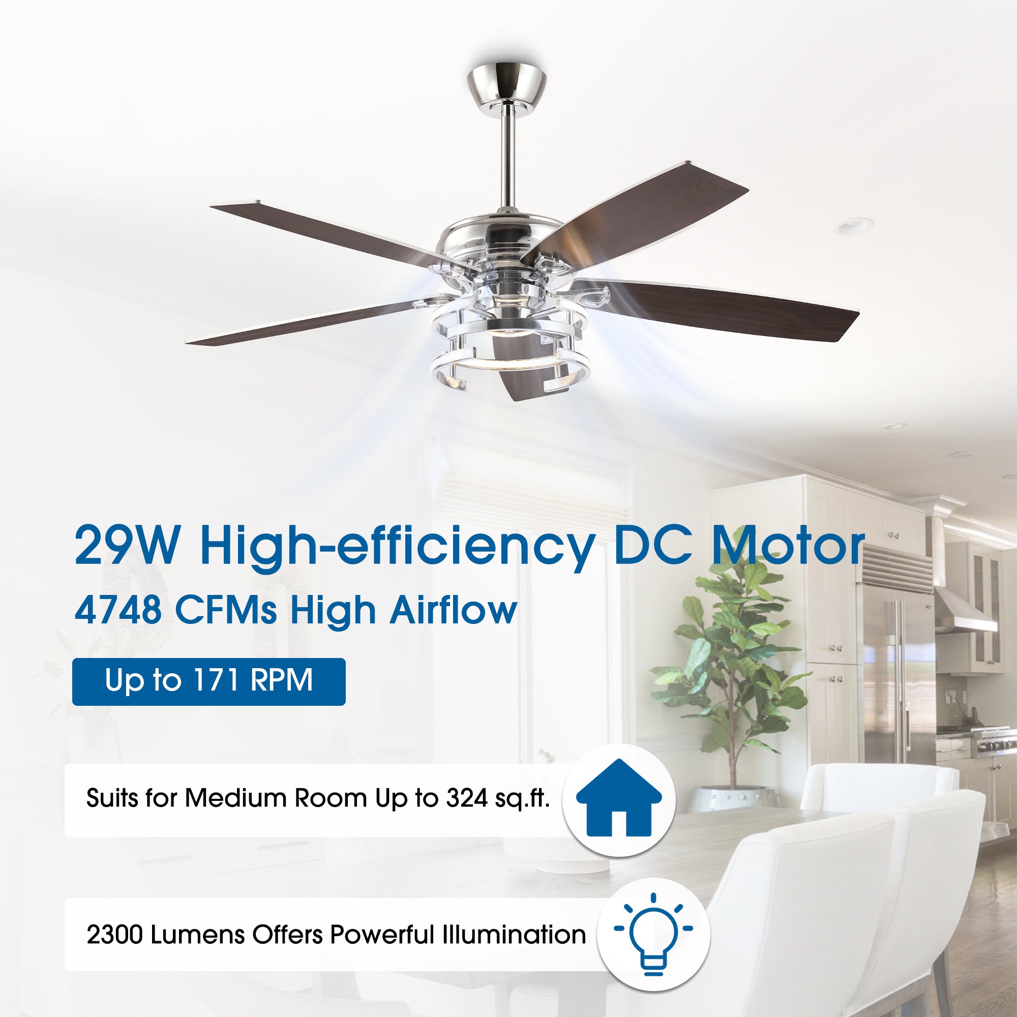 52 Inch Rita Double-sided Blades Downrod Mount LED Ceiling Fan with Remote Control