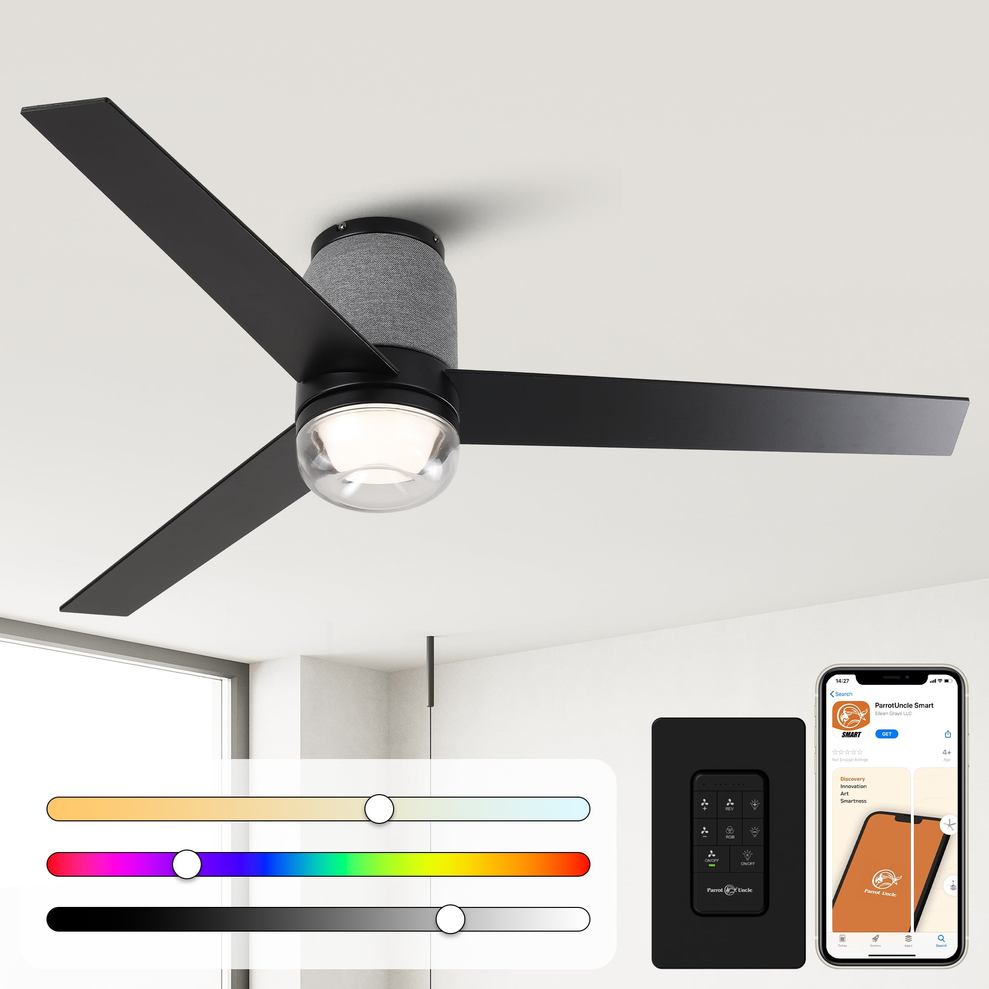 52 Inch Pearl Black RGB LED Smart Fan with Remote App and Voice Control